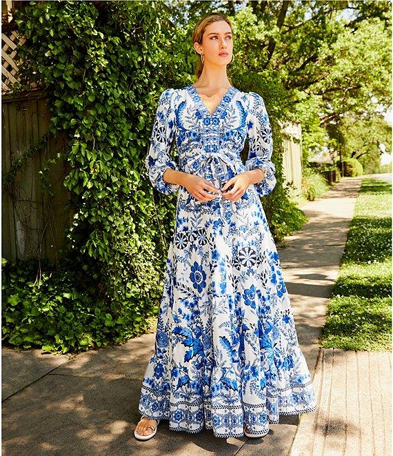 A Loves A Floral Printed Linen Blend Long Sleeve V-Neck Self Tie Maxi Dress Product Image