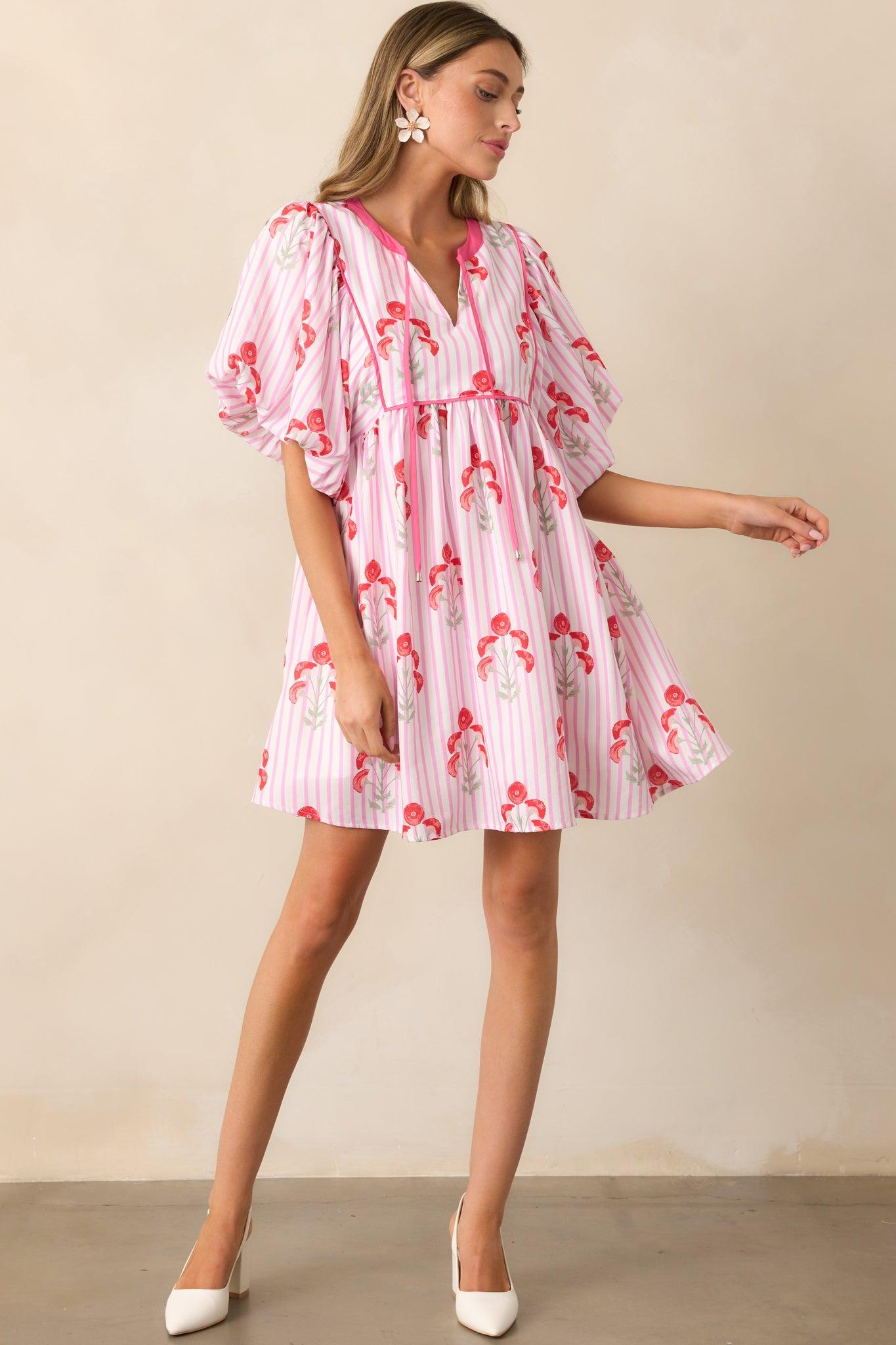 Bunches Of Love Pink Puff Sleeve Mini Dress Product Image