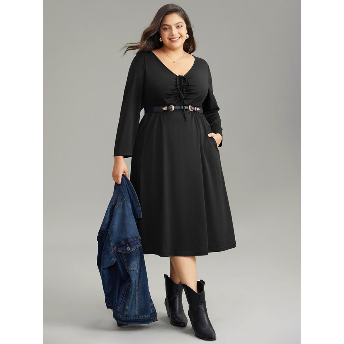 Plus Size Solid Ruched Pocket Elastic Waist Ties Dress Black Women Workwear Essentials Gathered Tie Neck Long Sleeve Curvy Midi Dress BloomChic 14-16/1X Product Image