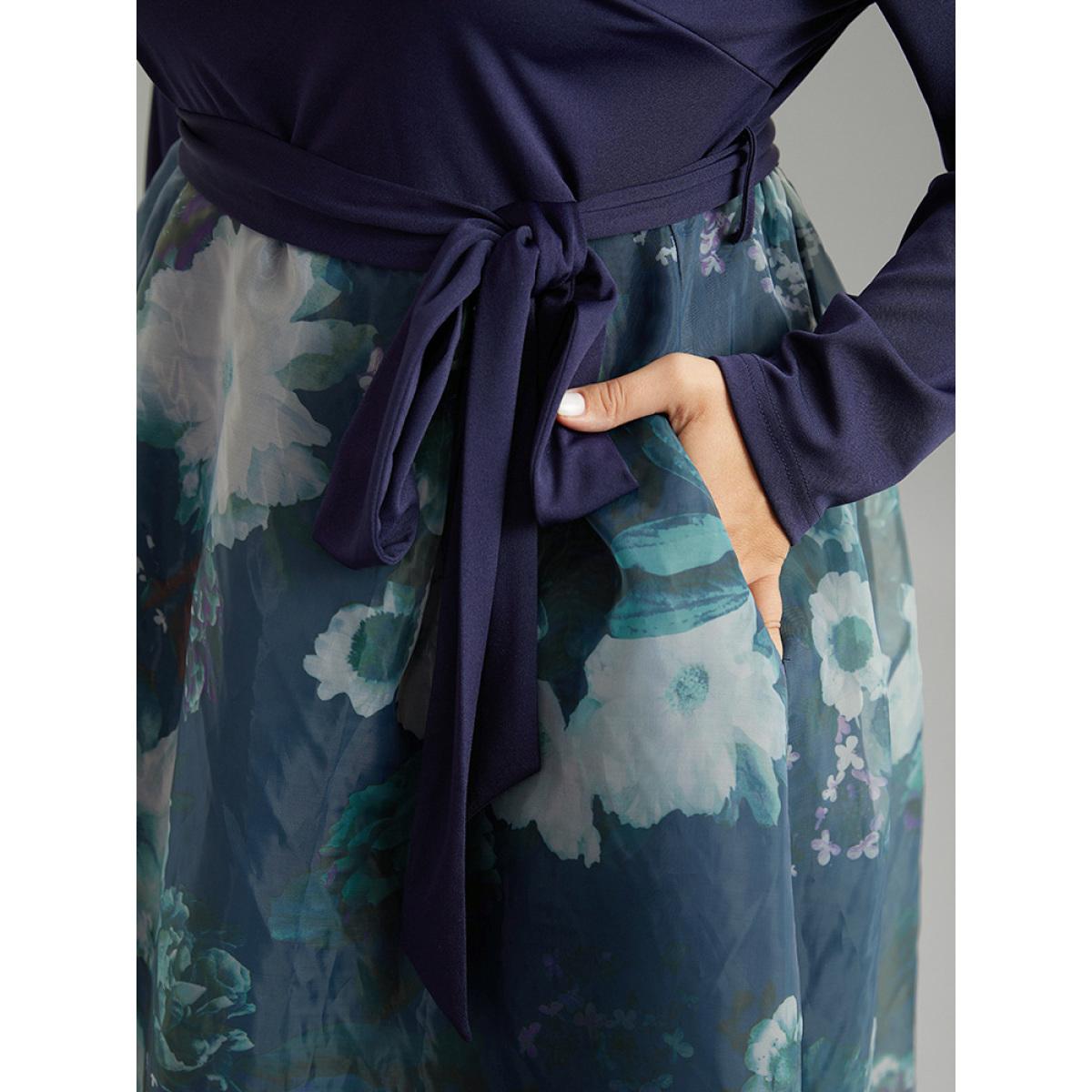 Plus Size Floral Print Belted Patchwork Mesh Dress DarkBlue Women Elegant Belted V-neck Long Sleeve Curvy Midi Dress BloomChic 10/M Product Image