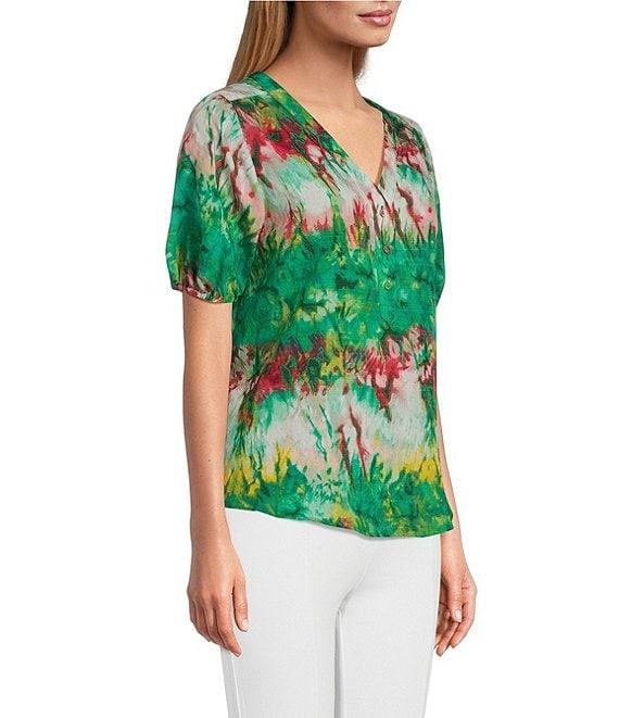 Slim Factor By Investments Julia Simply Green Multi Tie Dye Print V-Neck Short Sleeve Top Product Image