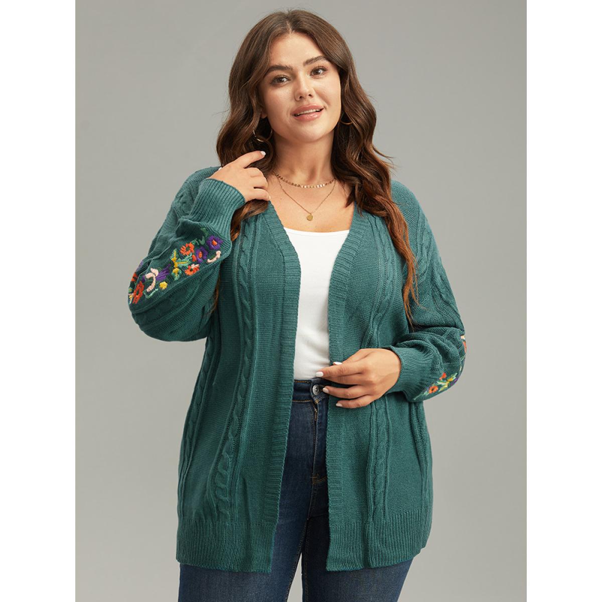 Plus Size Floral Embroidered Cable Knit Lantern Sleeve Cardigan DarkGreen Women Casual Loose Long Sleeve Dailywear Cardigans BloomChic 26/4X Product Image