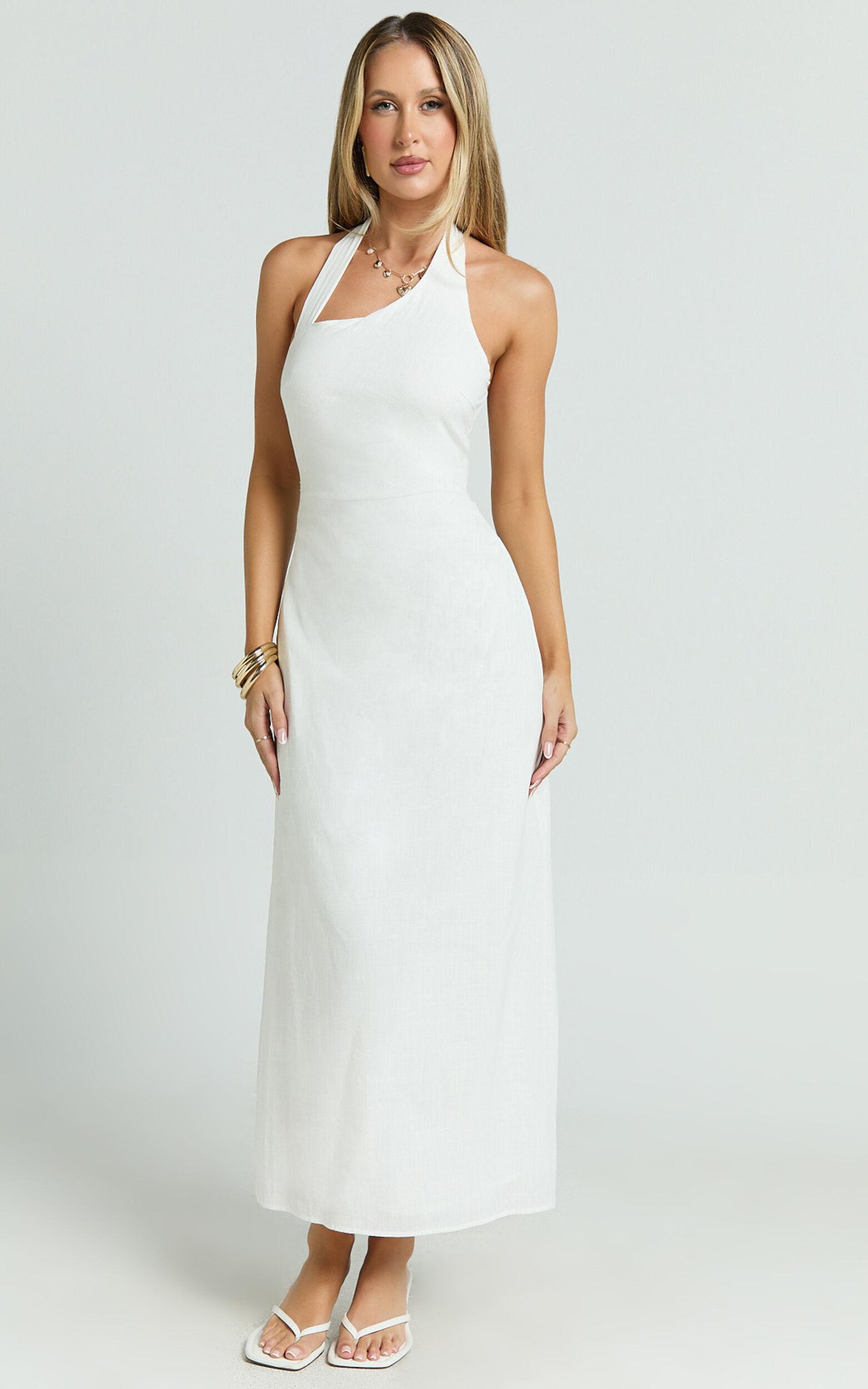 Lindley Midi Dress - Halter Neck Linen Look Dress in White Product Image