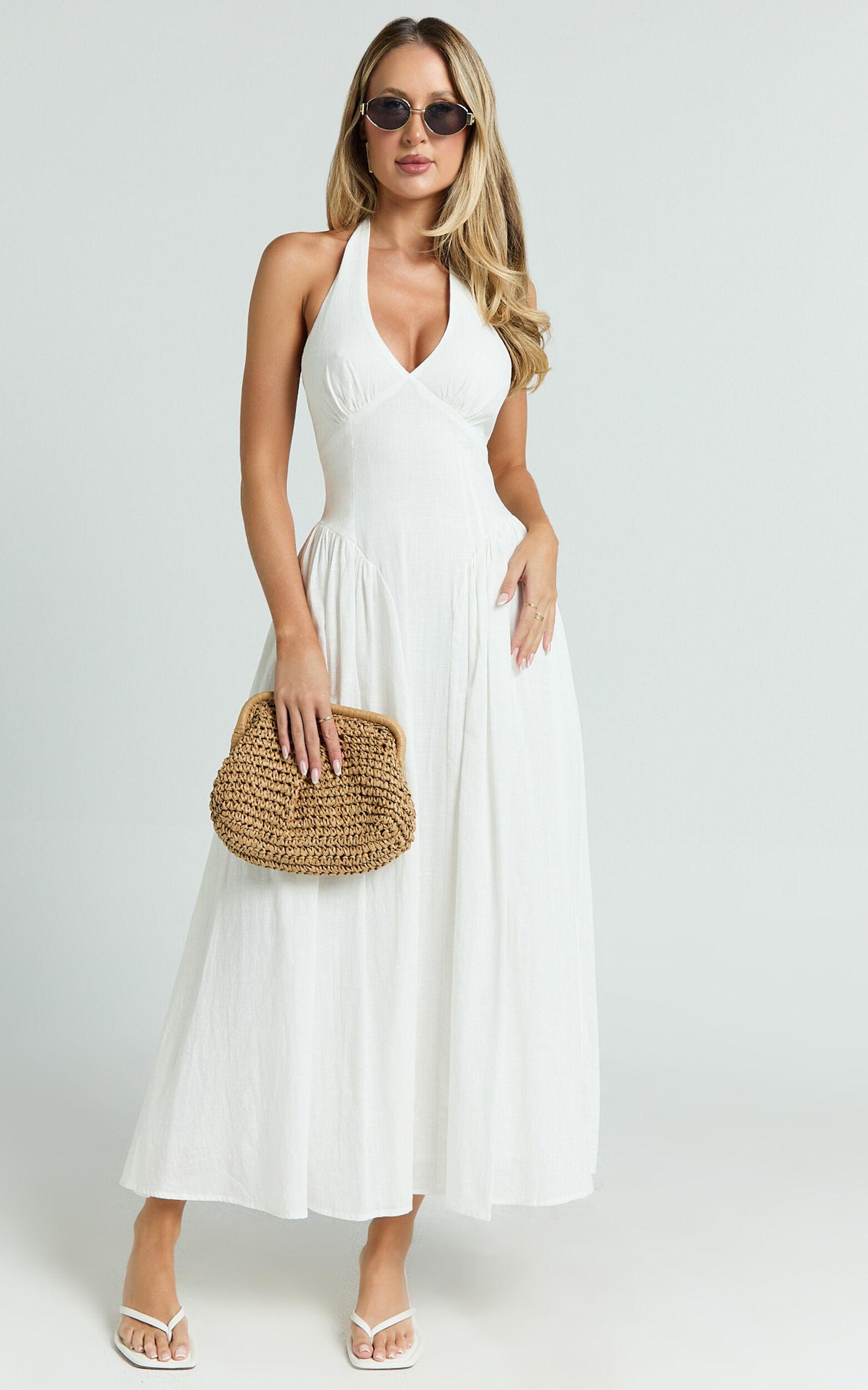 Athena Midi Dress - Halter Drop Waist Dress in White Product Image