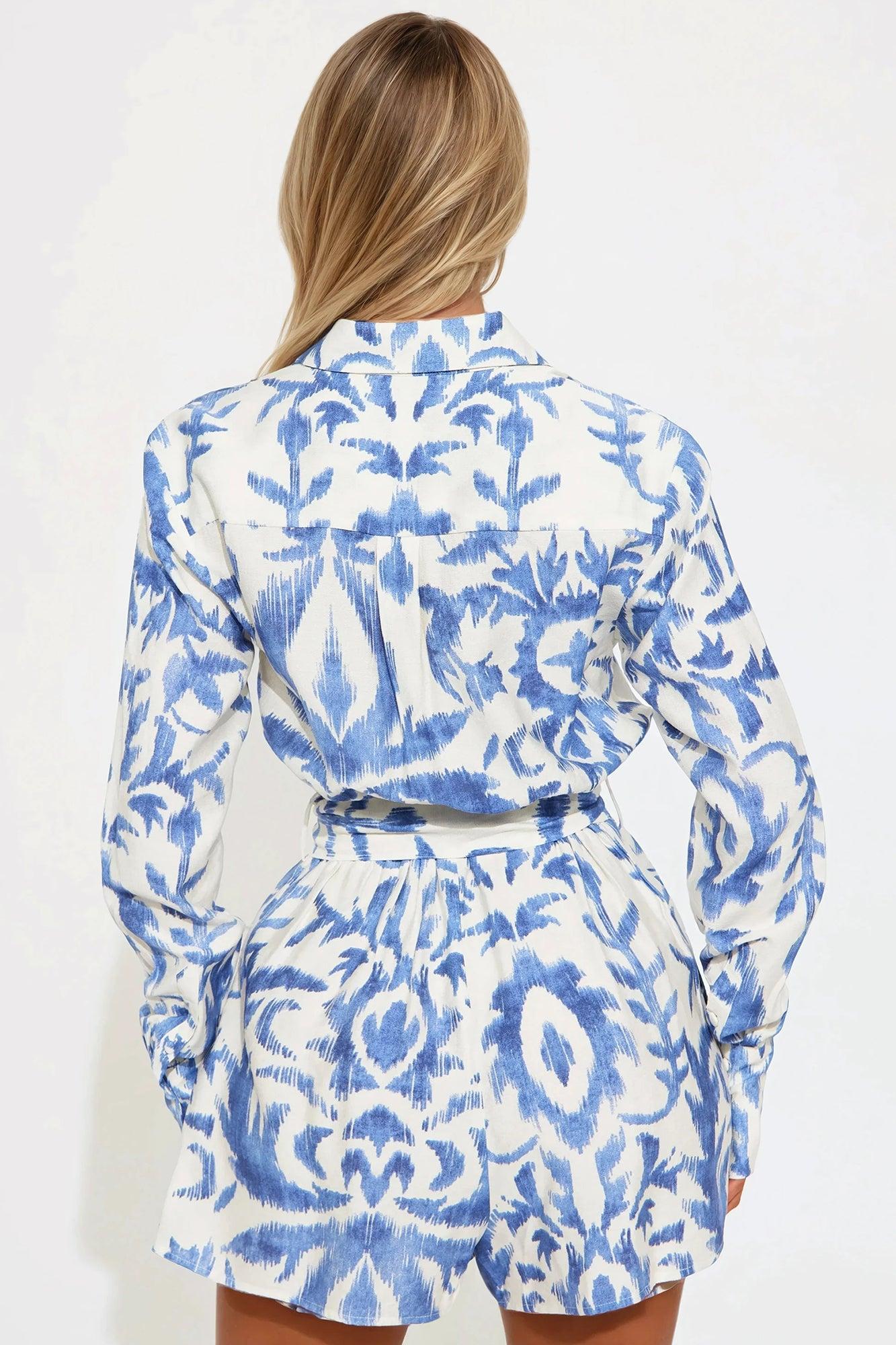 Charlene Printed Linen Long Sleeve Romper - Blue/combo Product Image