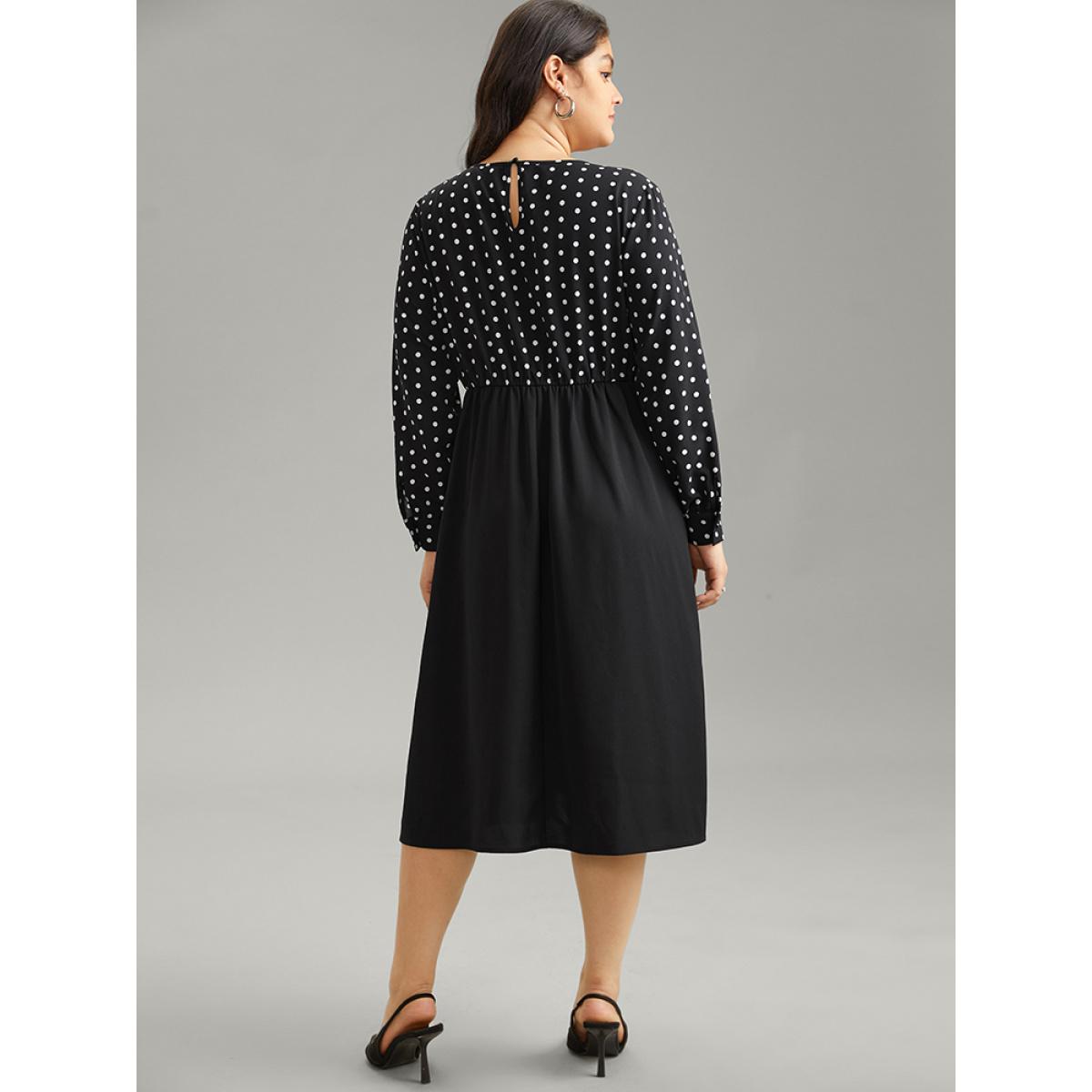 Plus Size Polka Dot Keyhole Patchwork Dress Black Women At the Office Printed Keyhole Cut-Out Long Sleeve Curvy Knee Dress BloomChic 14-16/1X Product Image