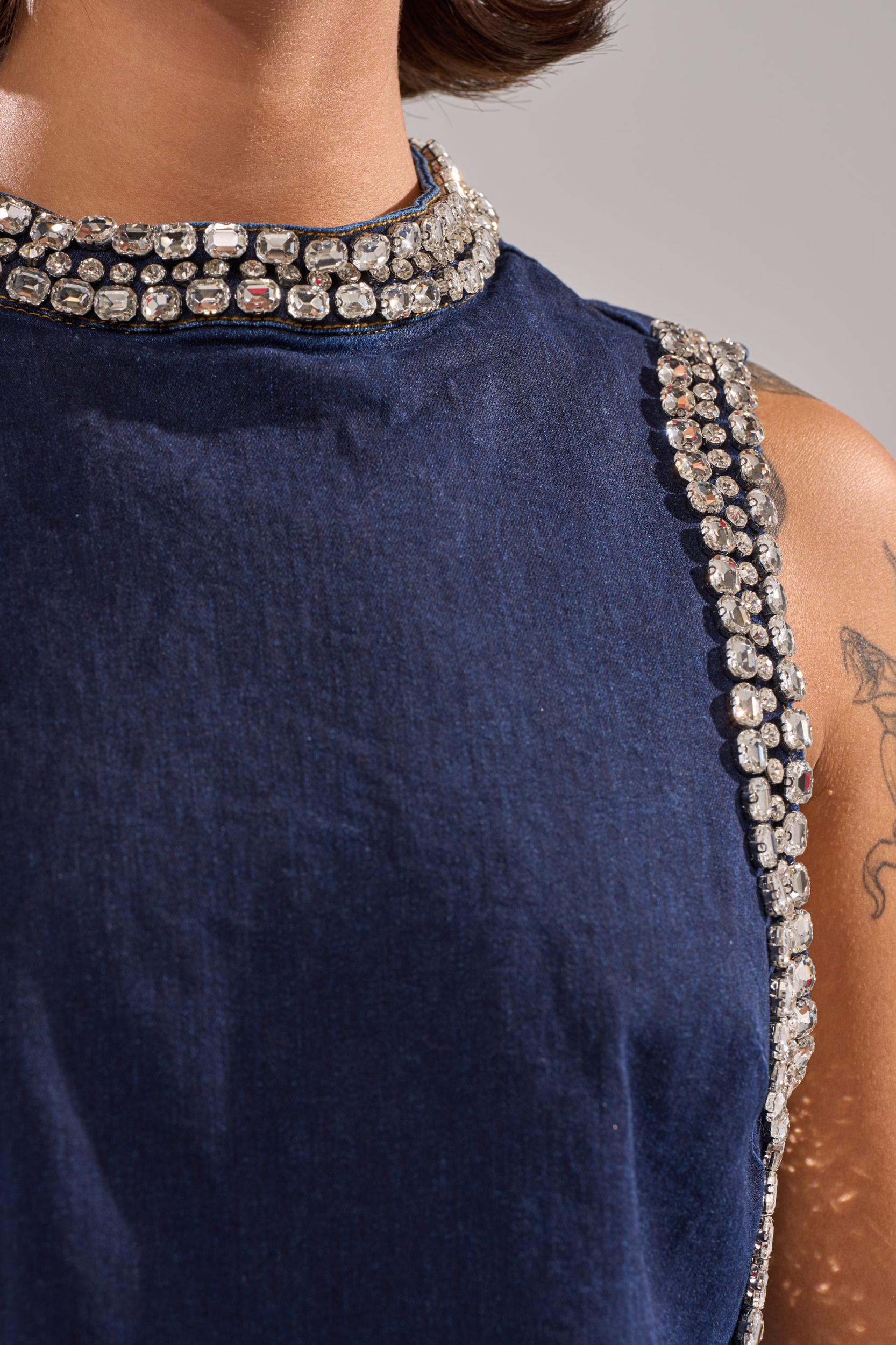 POPPIN OUT RHINESTONE DENIM BLOUSE IN DARK WASH DENIM Product Image