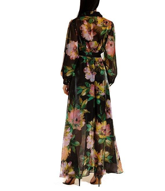 Julia Jordan Organza Collar Neckline Long Sleeve Floral Belted Maxi Shirt Dress Product Image