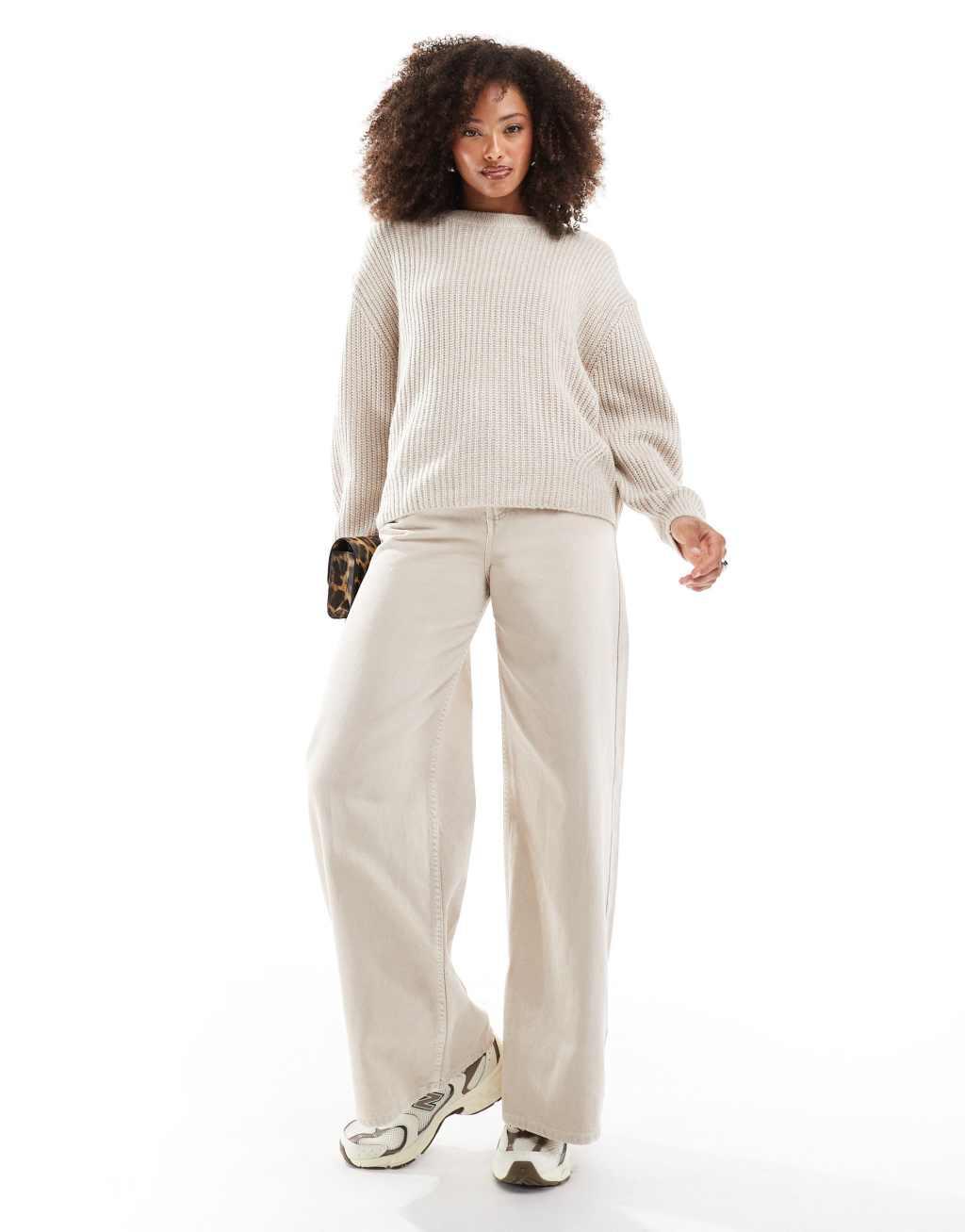 ASOS DESIGN chunky crew neck rib sweater in oatmeal Product Image