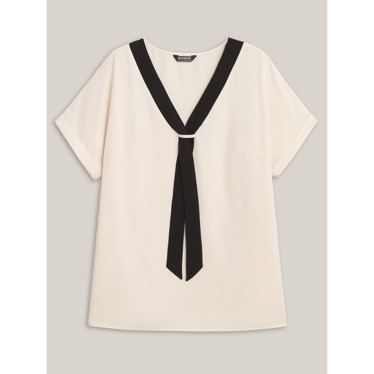 Plus Size Beige Collar Tie Color Contrast Blouse Women Office Short sleeve Ribbon-tied collar Office Blouses BloomChic 10/M Product Image