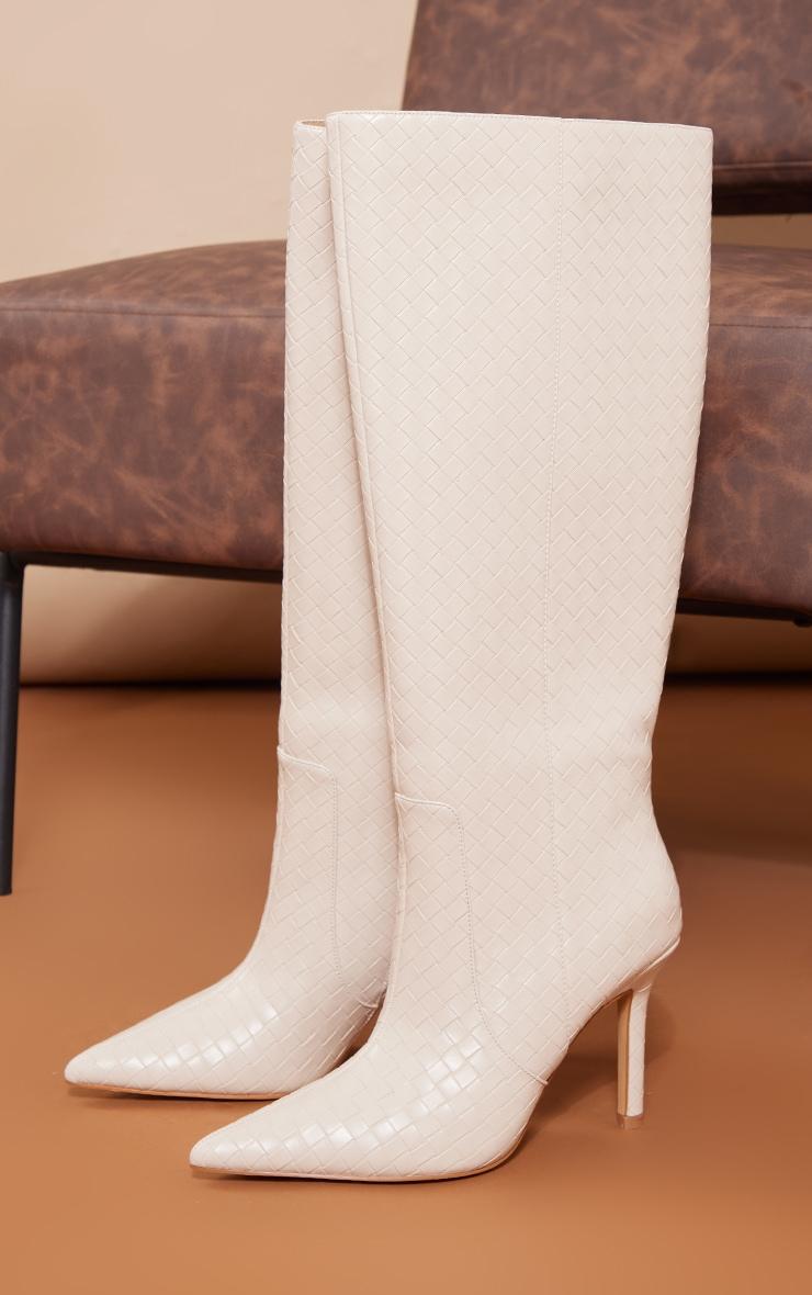 Oatmeal PU Point Toe Basket Weave Knee High Boots Product Image