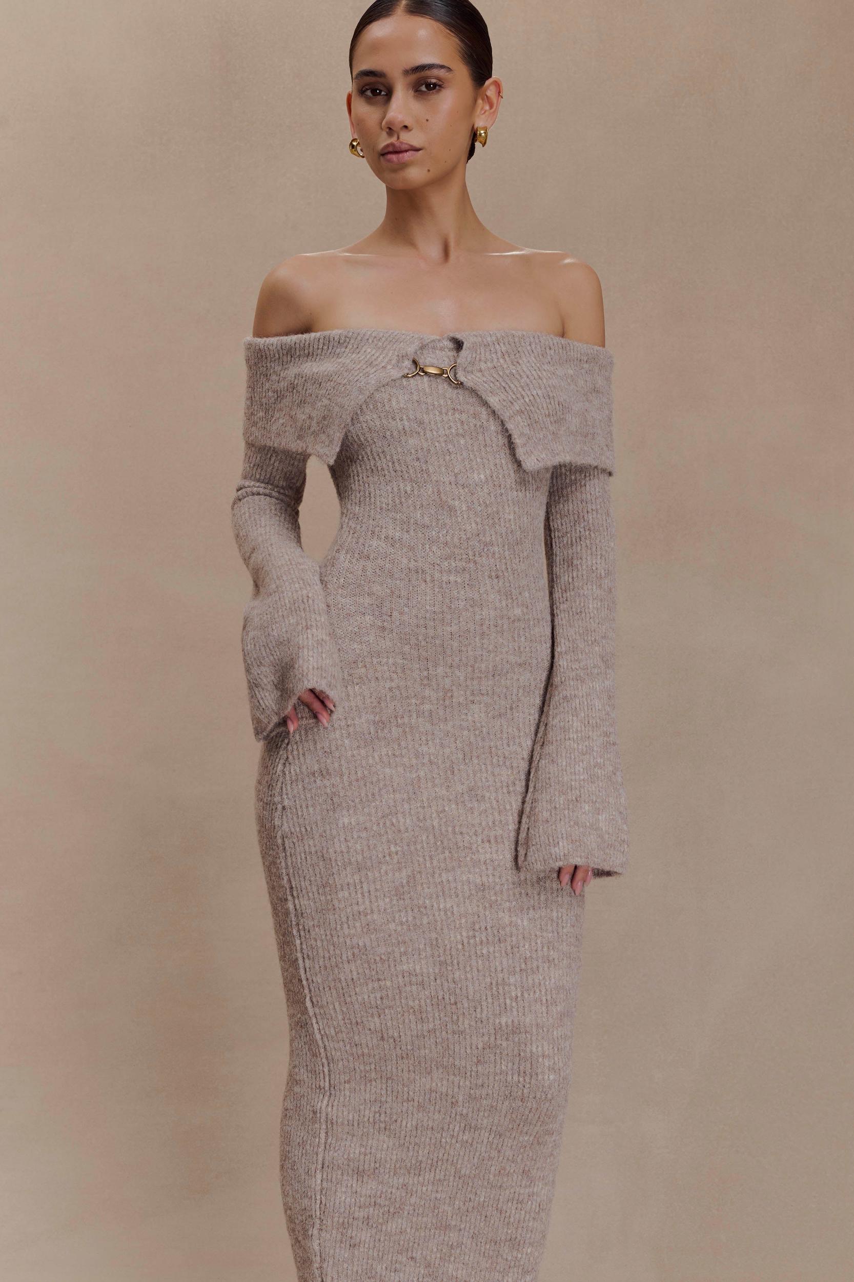 Baxter Off Shoulder Fluffy Knit Midi Dress - Taupe Marle Product Image