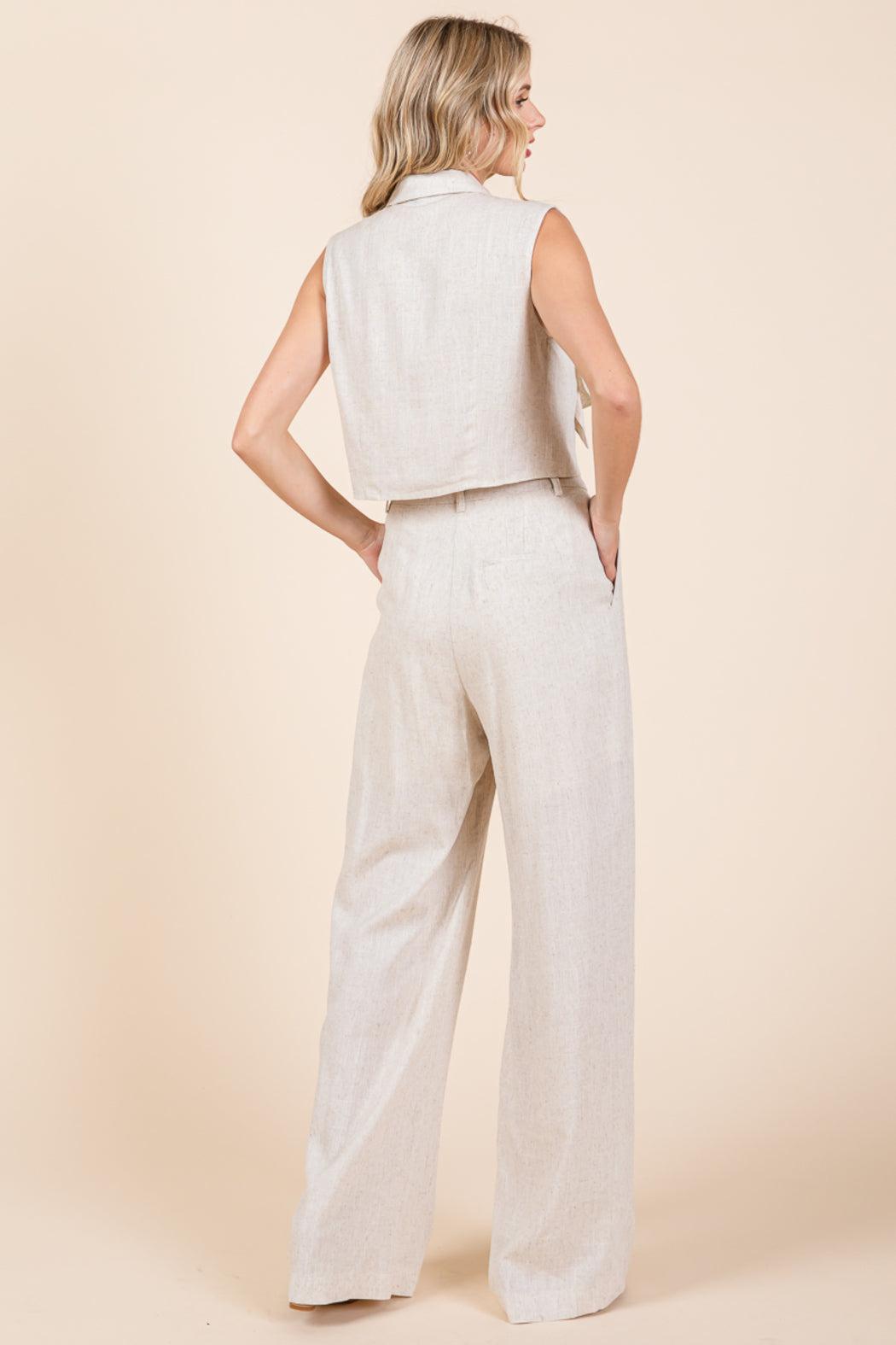 Two Piece Linen Ruffled Top And Wide Leg Pants Set Product Image