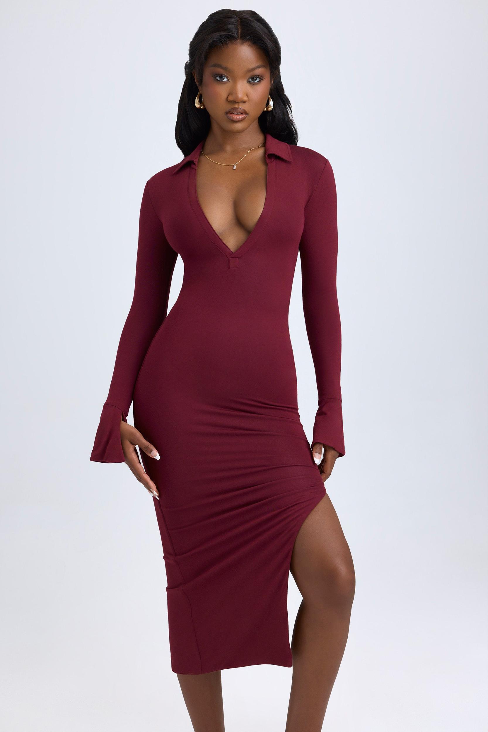 Modal Plunge V-Neck Midaxi Dress in Wine Red Female Product Image