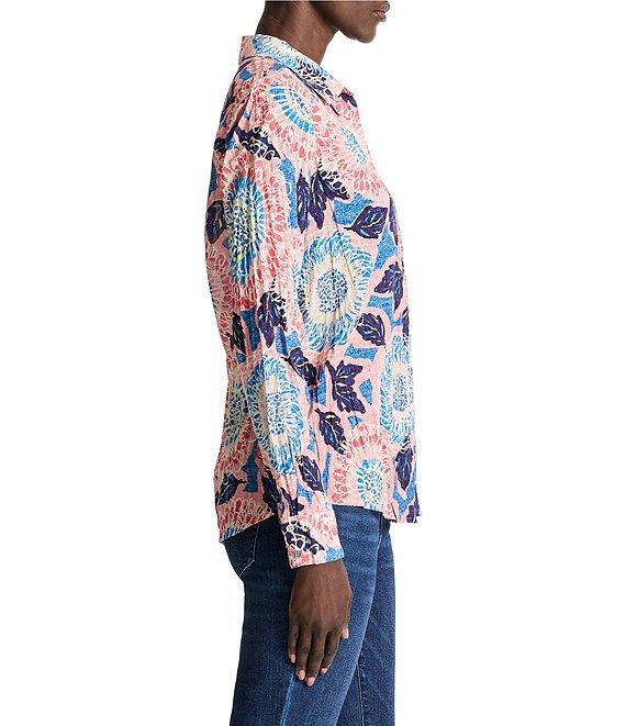 NIC + ZOE Crinkle Scribble Bloom Button Down Collar Long Sleeve Shirt Product Image