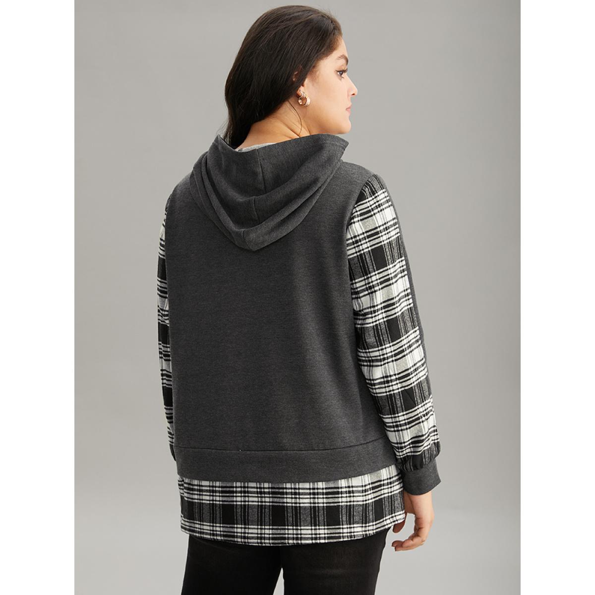 Plus Size Plaid Hem Patchwork Hooded Sweatshirt Women DimGray Casual Contrast Hooded Dailywear Sweatshirts BloomChic 18-20/2X Product Image