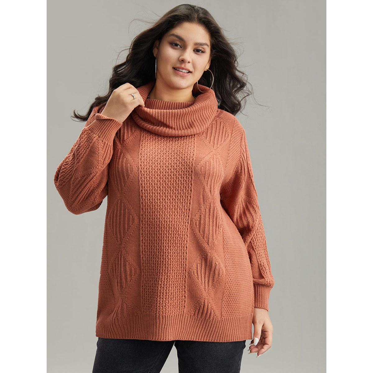 Plus Size Plain Plisse Turtle Neck Loose Pullover Coral Women Casual Loose Long Sleeve Turtleneck Dailywear Pullovers BloomChic 12/L Product Image