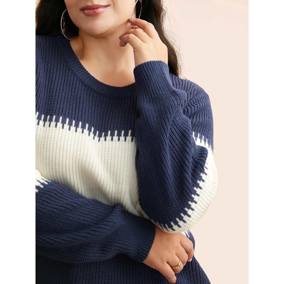 Plus Size Crew Neck Contrast Patchwork Pullover Indigo Women Leisure Loose Long Sleeve Round Neck Casual Pullovers BloomChic 12/L Product Image