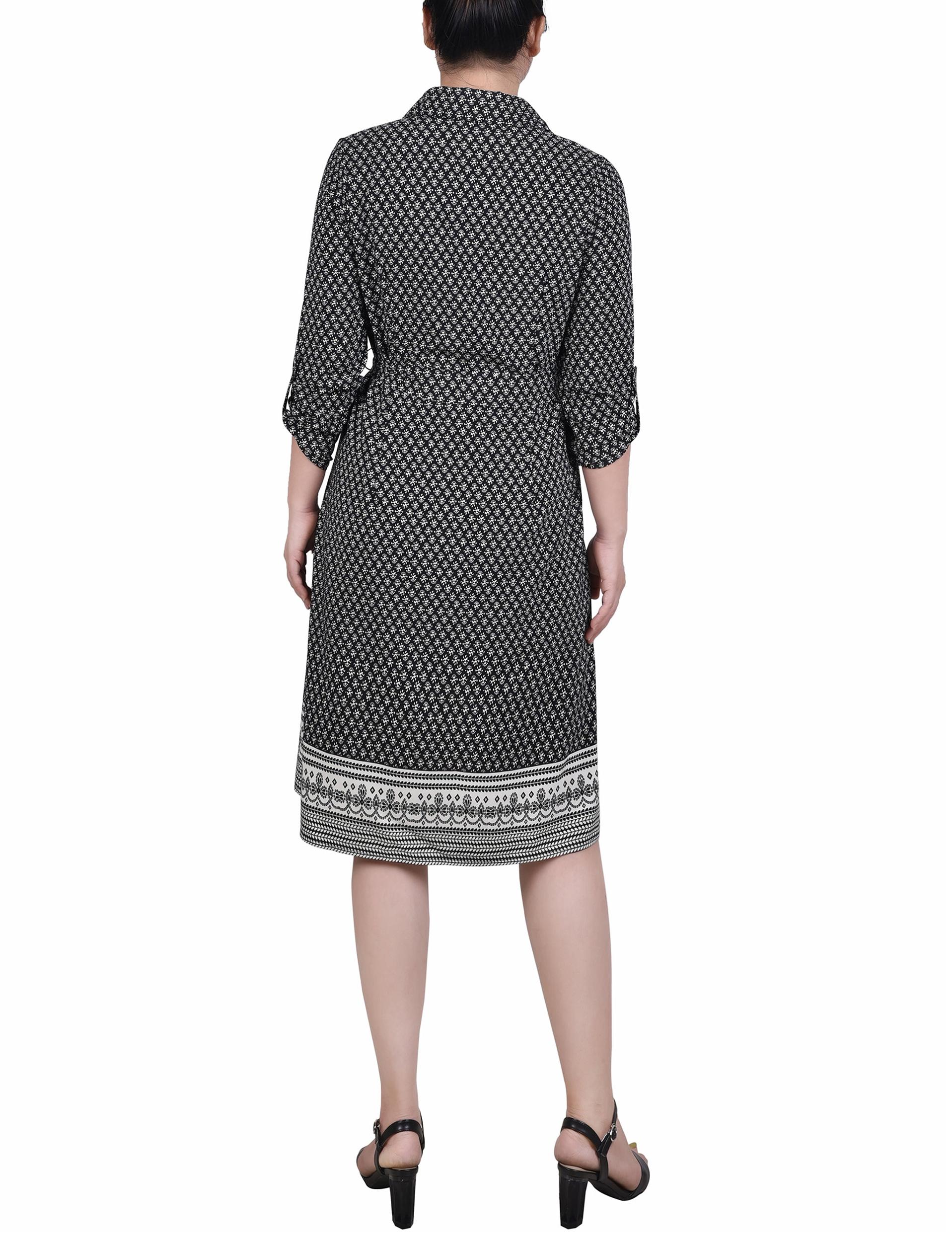 Cypress Inca Gold Navy Zigzag 3/4 Roll Tab Sleeve Belted Shirtdress - Petite Product Image