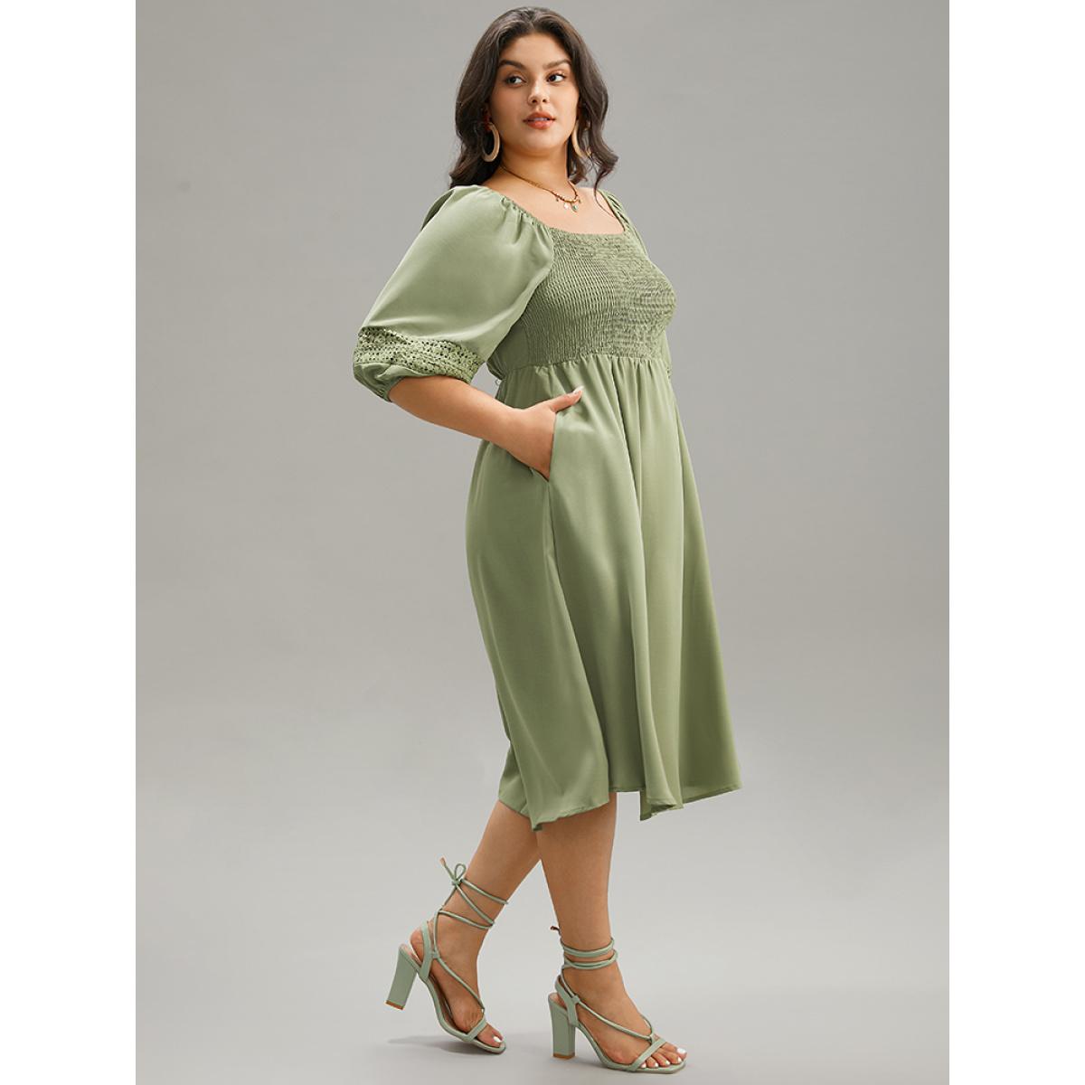 Plus Size Solid Shirred Square Neck Guipure Lace Dress Moss Women Vacation Elastic cuffs Square Neck Elbow-length sleeve Curvy Midi Dress BloomChic 22-24/3X Product Image
