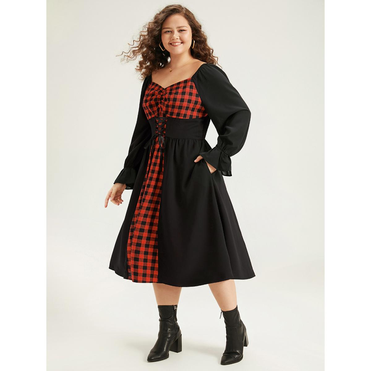 Plus Size Halloween Gingham Patchwork Ruched Ties Dress Scarlet Women Casual Cross straps Square Neck Long Sleeve Curvy Midi Dress BloomChic 12/L Product Image