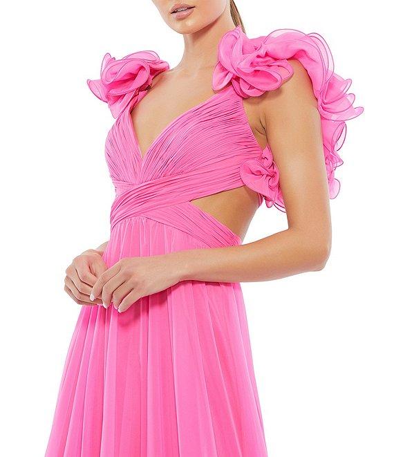 Ieena Mac Duggal Chiffon V-Neck Sleeveless Cut-Out Strappy Back Detail Tiered Ruffle Hem Gown Product Image
