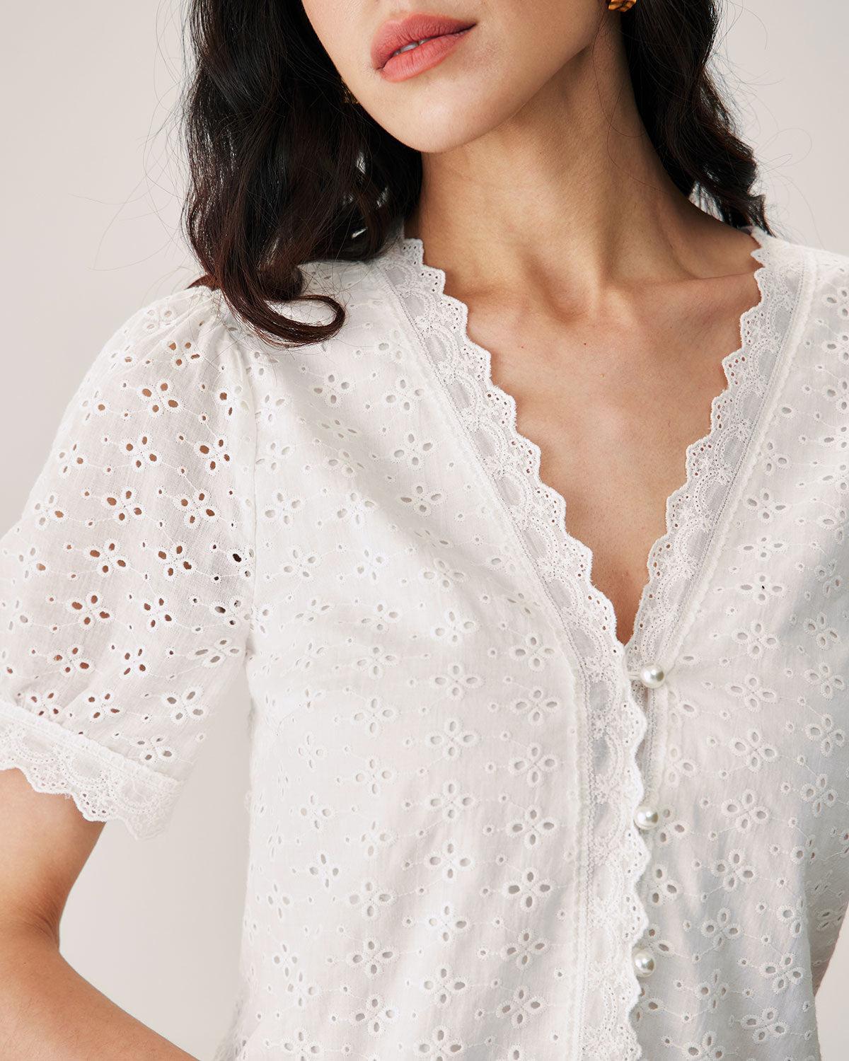 White Embroidery Puffed Sleeve Blouse Product Image