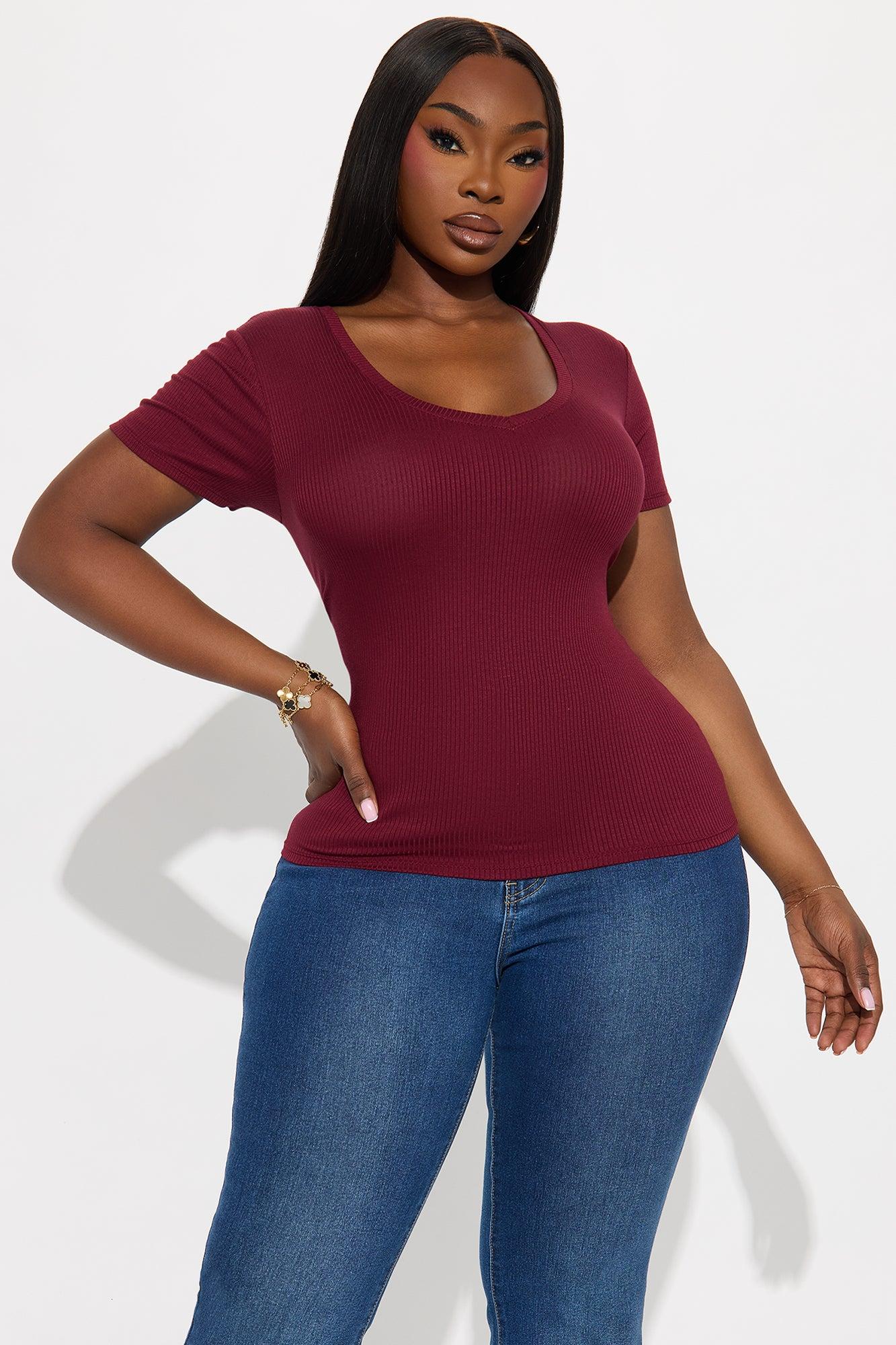 Natalie Ribbed Tee - Burgundy Female Product Image