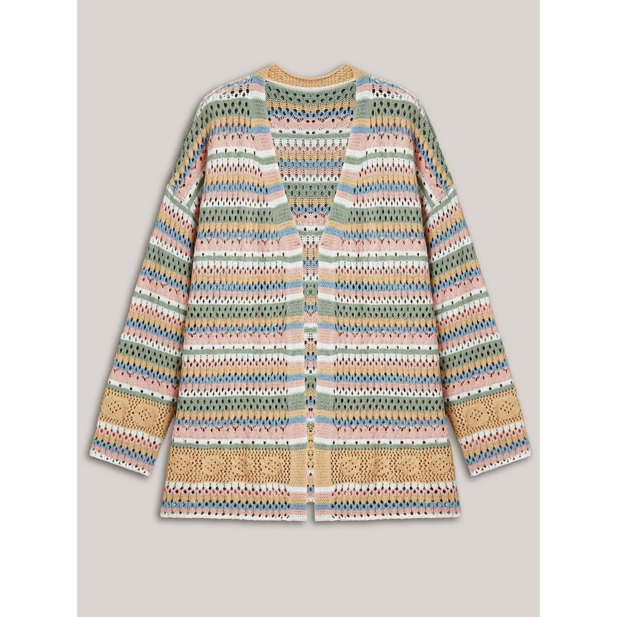 Plus Size Striped Color Contrast Cut-Out Cardigan Multicolor Women Casual Loose Long Sleeve Everyday Cardigans BloomChic 18-20/2X Product Image