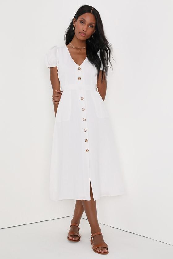 Sicily Sweetheart White Button-Front Puff Sleeve Midi Dress Product Image