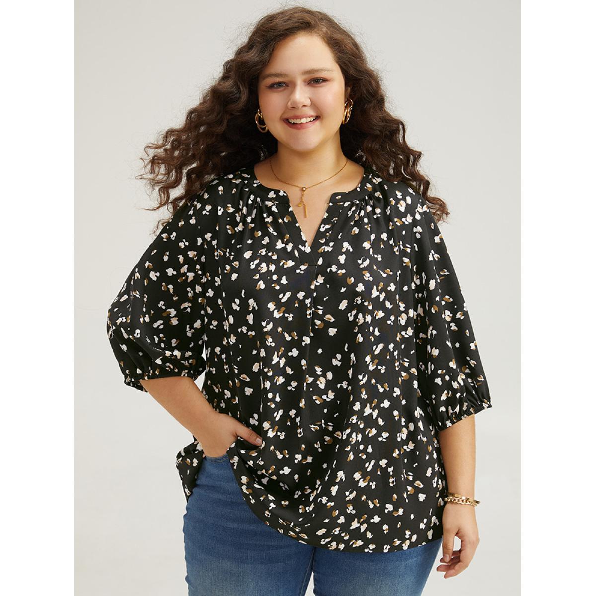 Plus Size Black Allover Print Notched Lantern Sleeve Blouse Women Elegant Half Sleeve V-neck Dailywear Blouses BloomChic 12/L Product Image