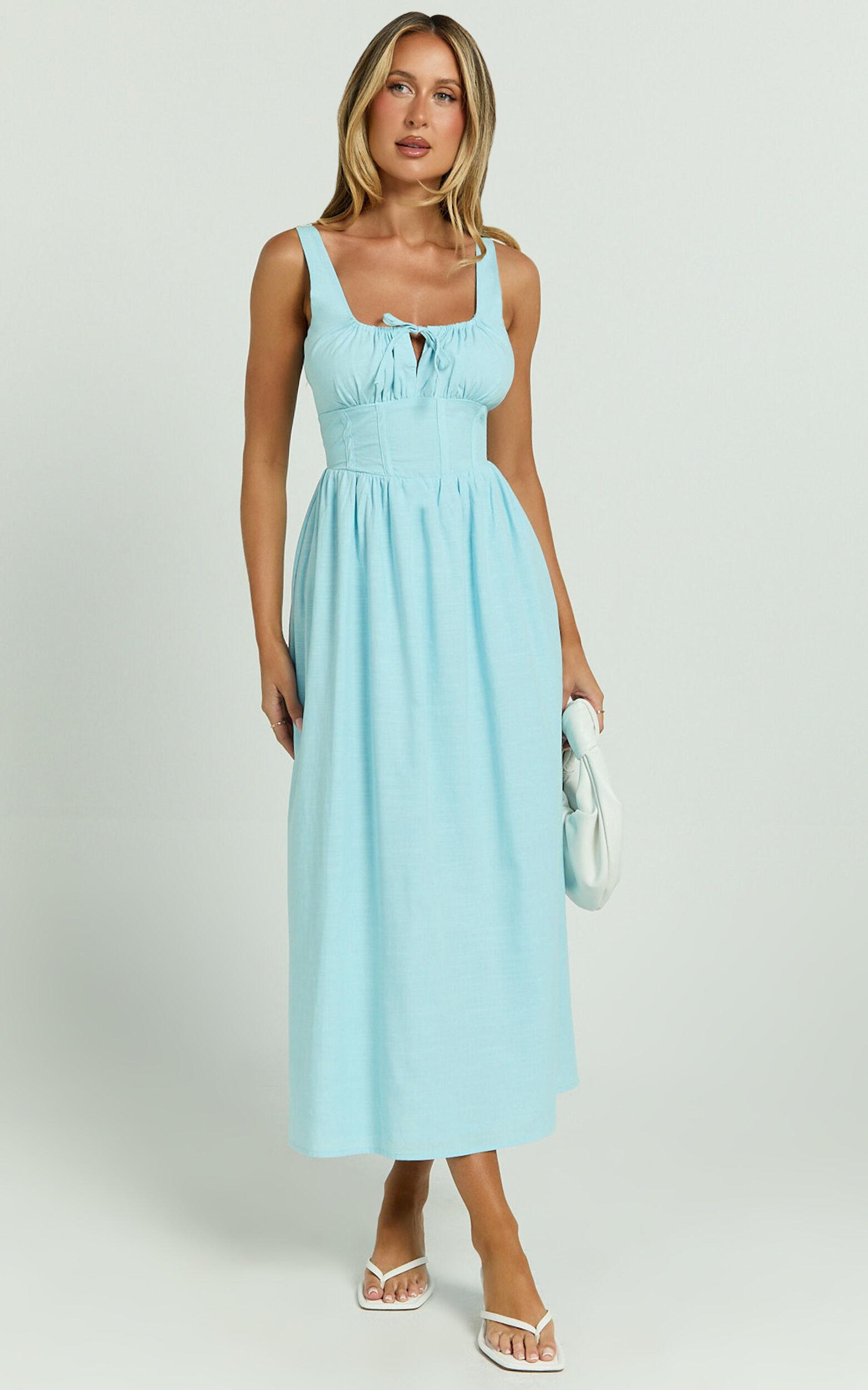 Haylee Midi Dress - Corset Waist Gathered Bust Dress in Blue Product Image