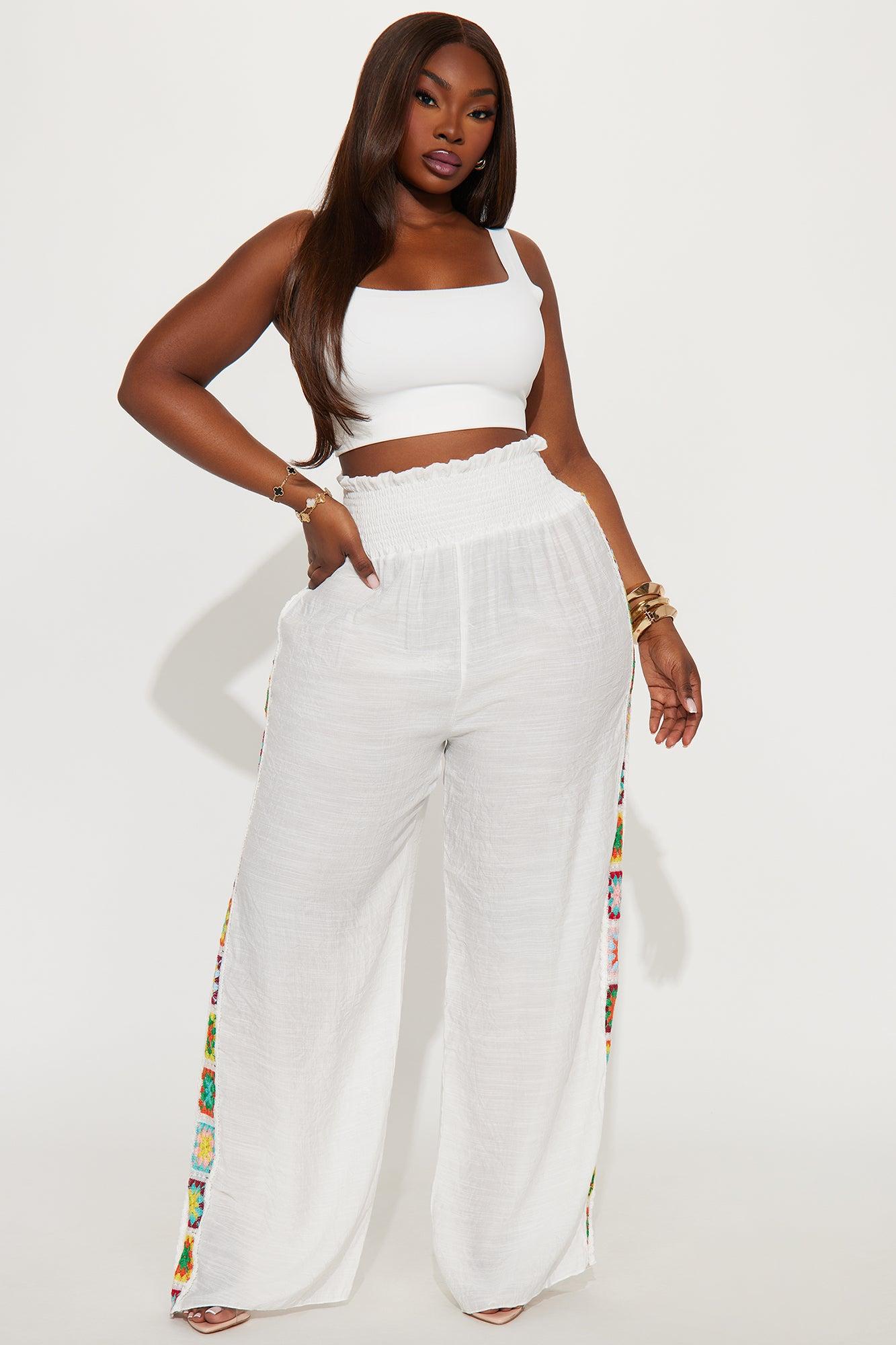 European Summers Linen Smocked Waistband Crochet Granny Square Cover Up Pants - White Product Image