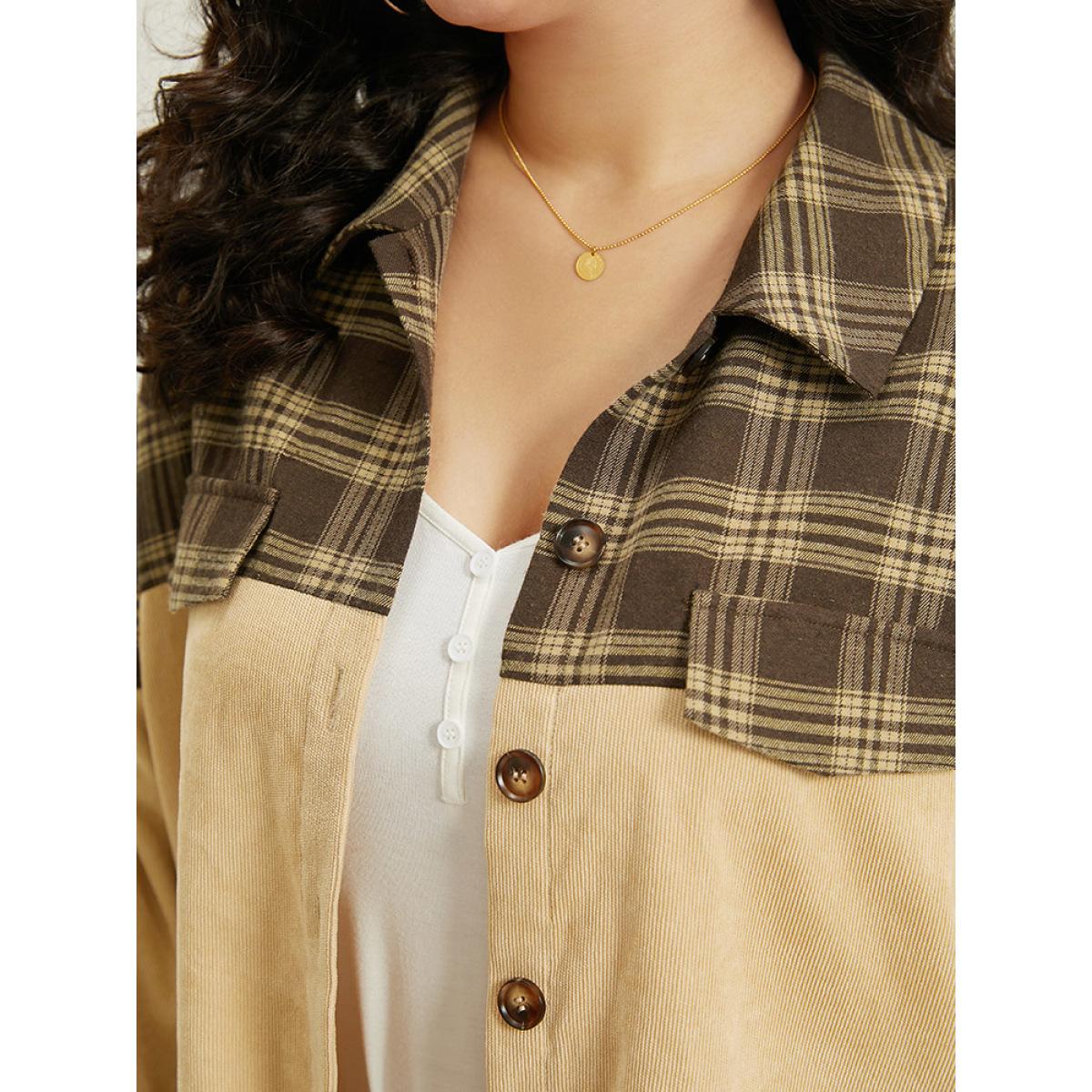 Plus Size Plaid Button Through Patchwork Contrast Jacket Women Tan Contrast Dailywear Jackets BloomChic 28/5X Product Image