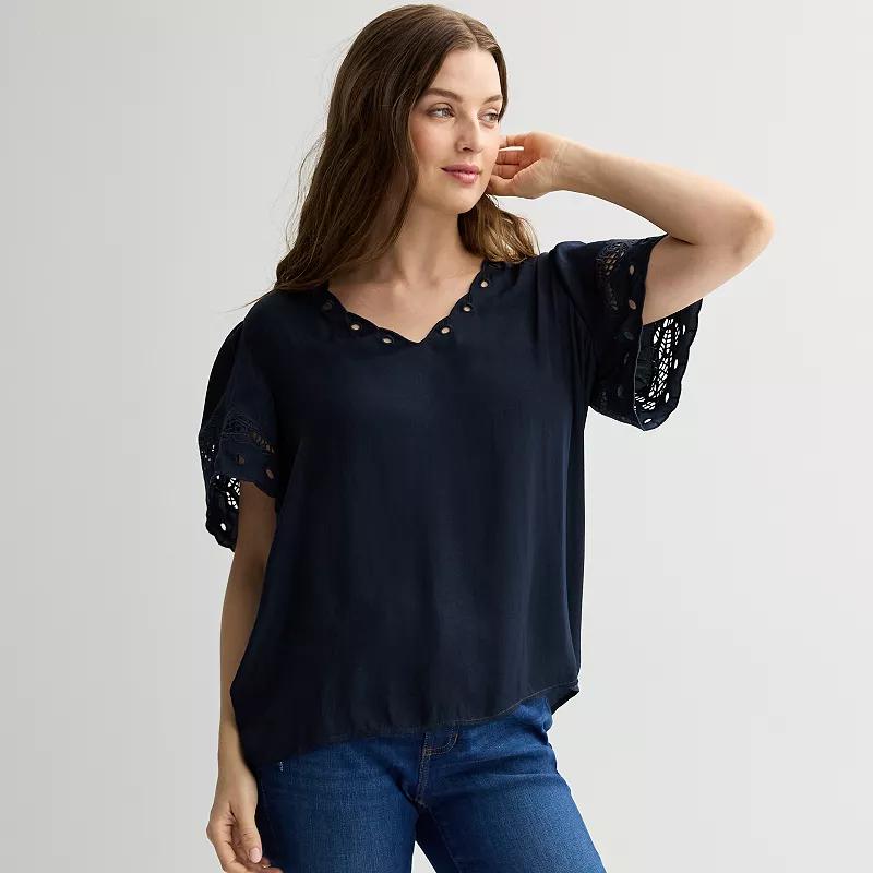 Women's Chelsea & Theodore Short Sleeve V-Neck Eyelet Blouse, Size: Large, Blue Product Image