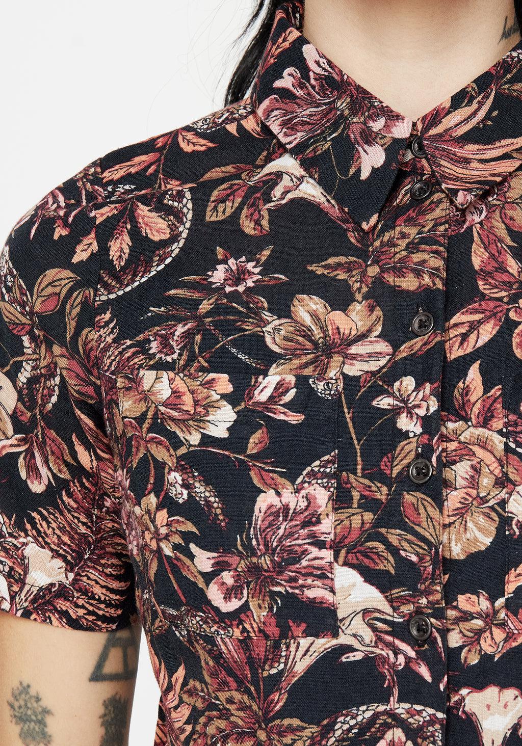 Bashe Cotton Floral Snake Print Short Sleeve Shirt Product Image