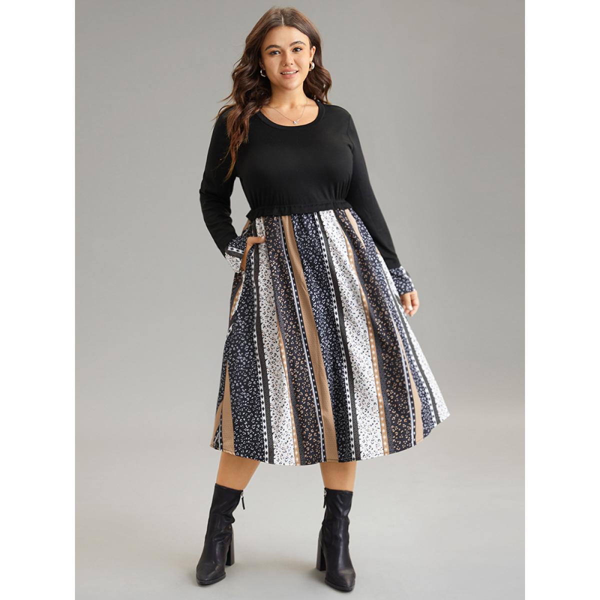 Plus Size Geometric Colorblock Patchwork Midi Dress Black Women Elegant Printed Round Neck Long Sleeve Curvy Midi Dress BloomChic 10/M Product Image