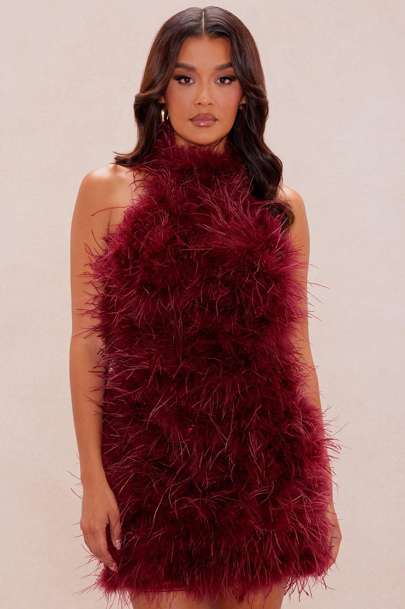 Tate Feather Mini Dress - Burgundy Female Product Image
