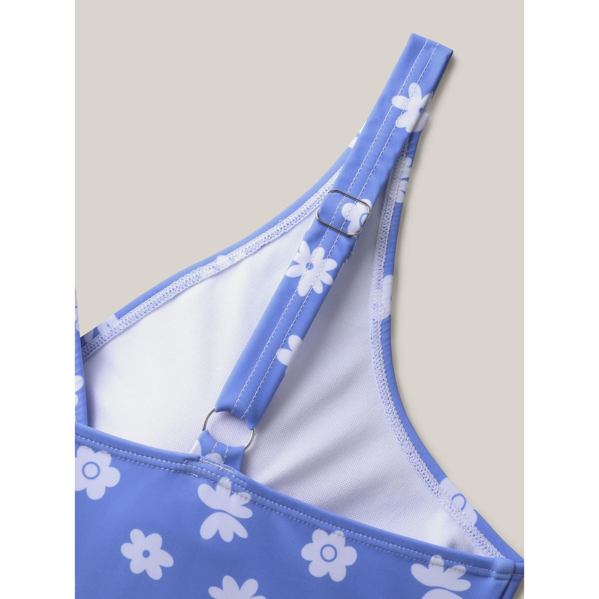 Plus Size Sweet Floral Print Pendulum Hem Swim Dress Women's Swimwear LightBlue Resort Bodycon Overlap Collar High stretch Curve Swim Dresses BloomChic 22-24/3X Product Image