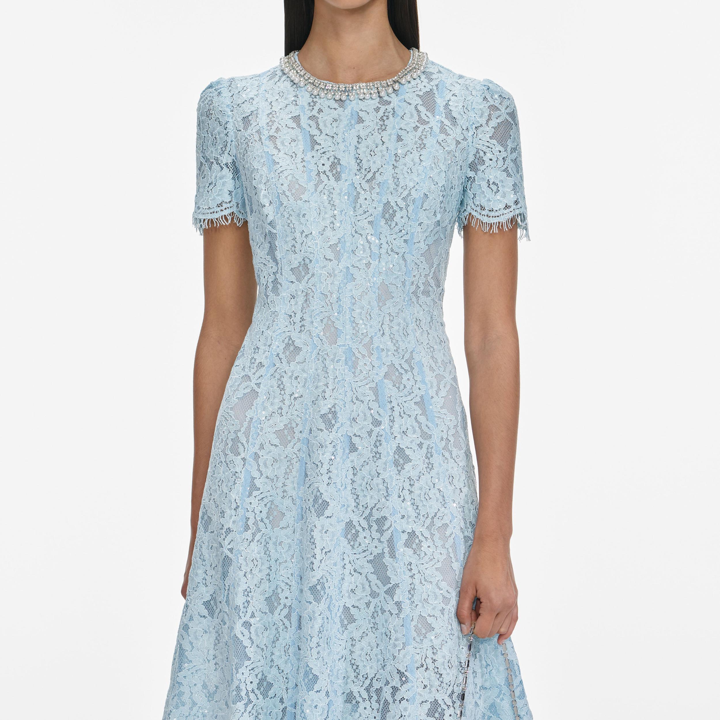 Blue Lace Embellished Midi Dress Product Image