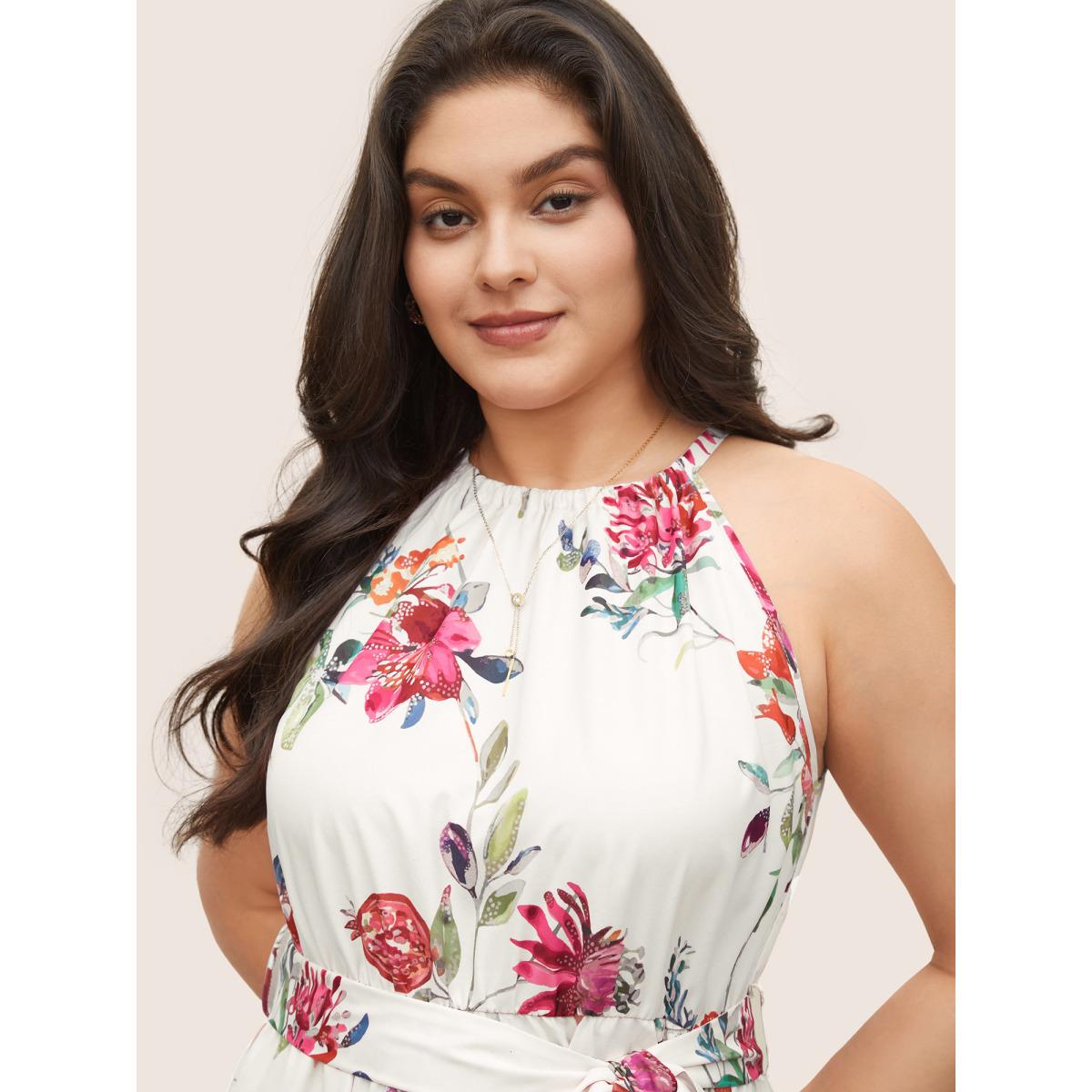 Plus Size Citrus Fruit Print Halter Belted Gathered Dress Originalwhite Women Elegant Non Halter neck Sleeveless Curvy Midi Dress BloomChic 12/L Product Image