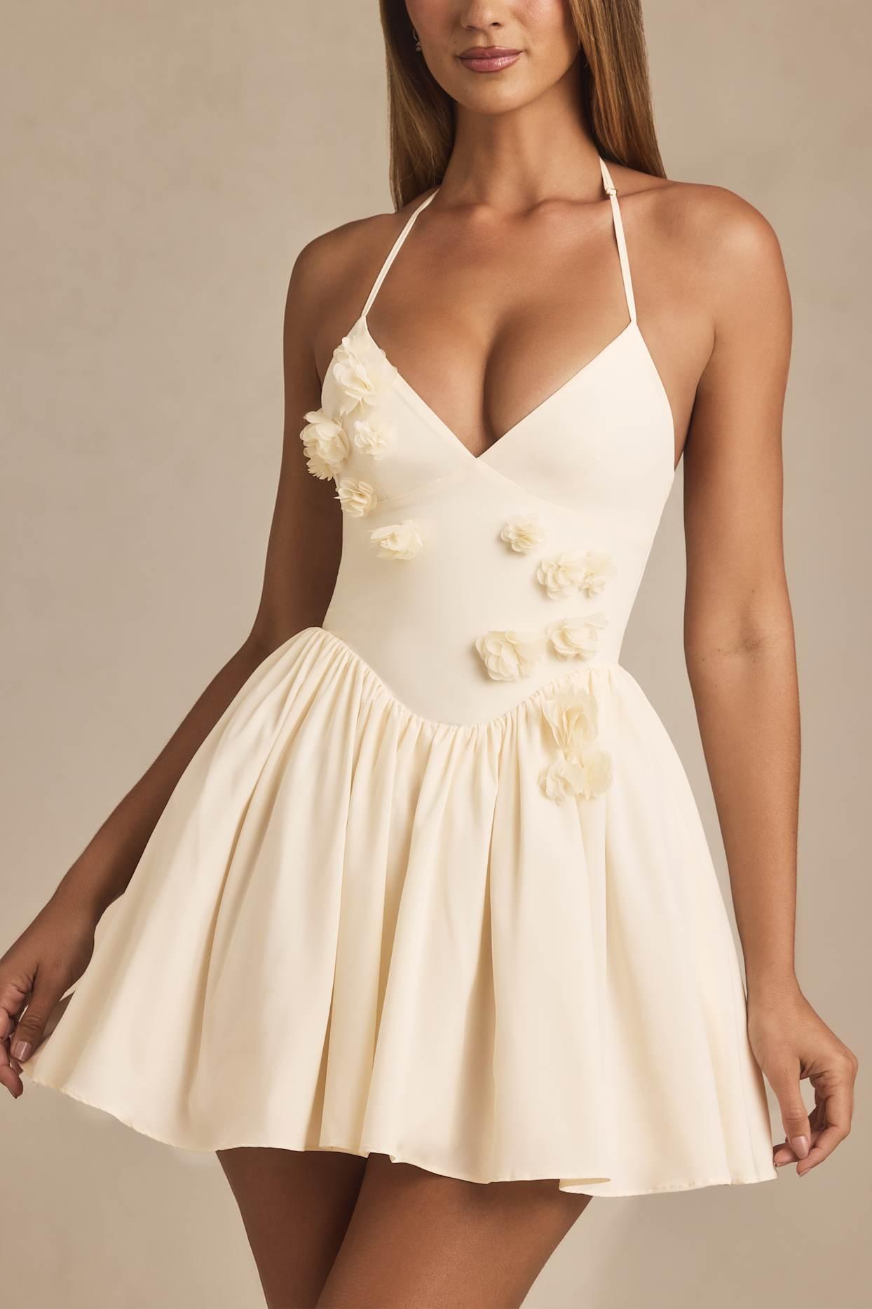 Halterneck Floral-Appliqué Corset Mini Dress in Ivory Product Image