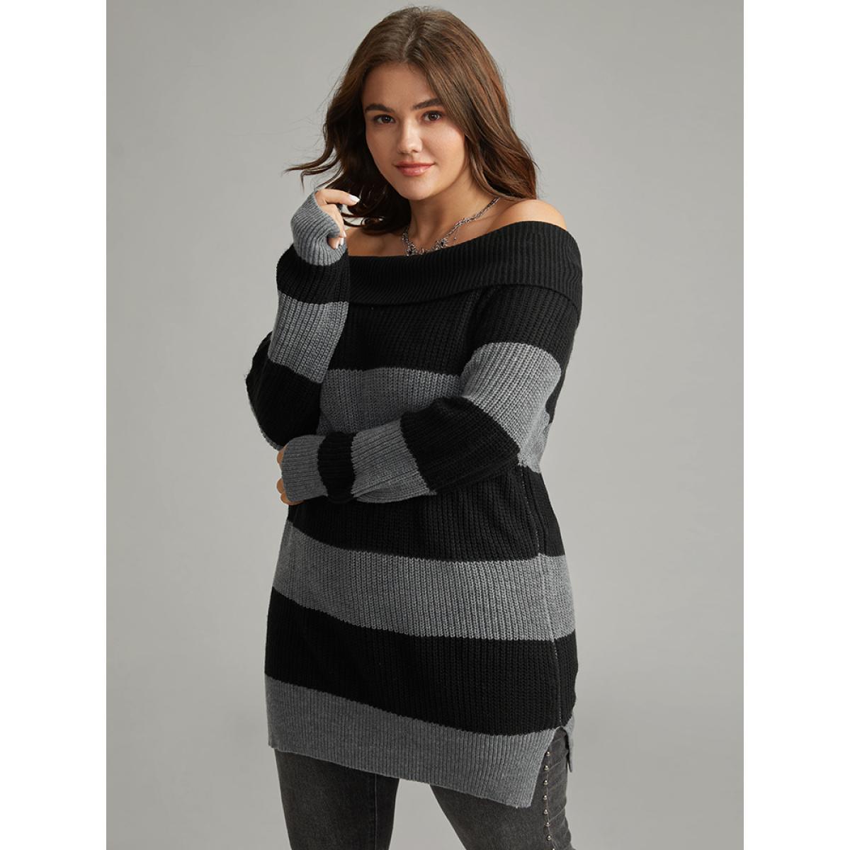 Plus Size Colorblock Drop Shoulder Lapel Collar Pullover Black Women Casual Loose Long Sleeve Lapel Collar Festival-Halloween Pullovers BloomChic 12/L Product Image