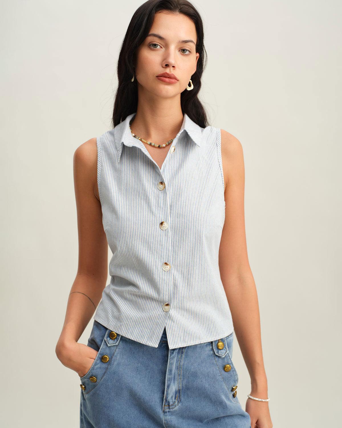 Blue Striped Button Sleeveless Blouse Product Image