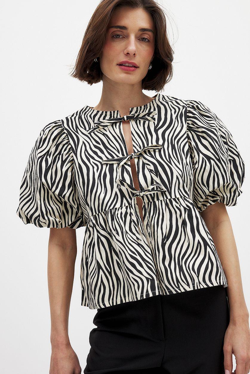 Cotton Puff Sleeve Tie Front Blouse Product Image