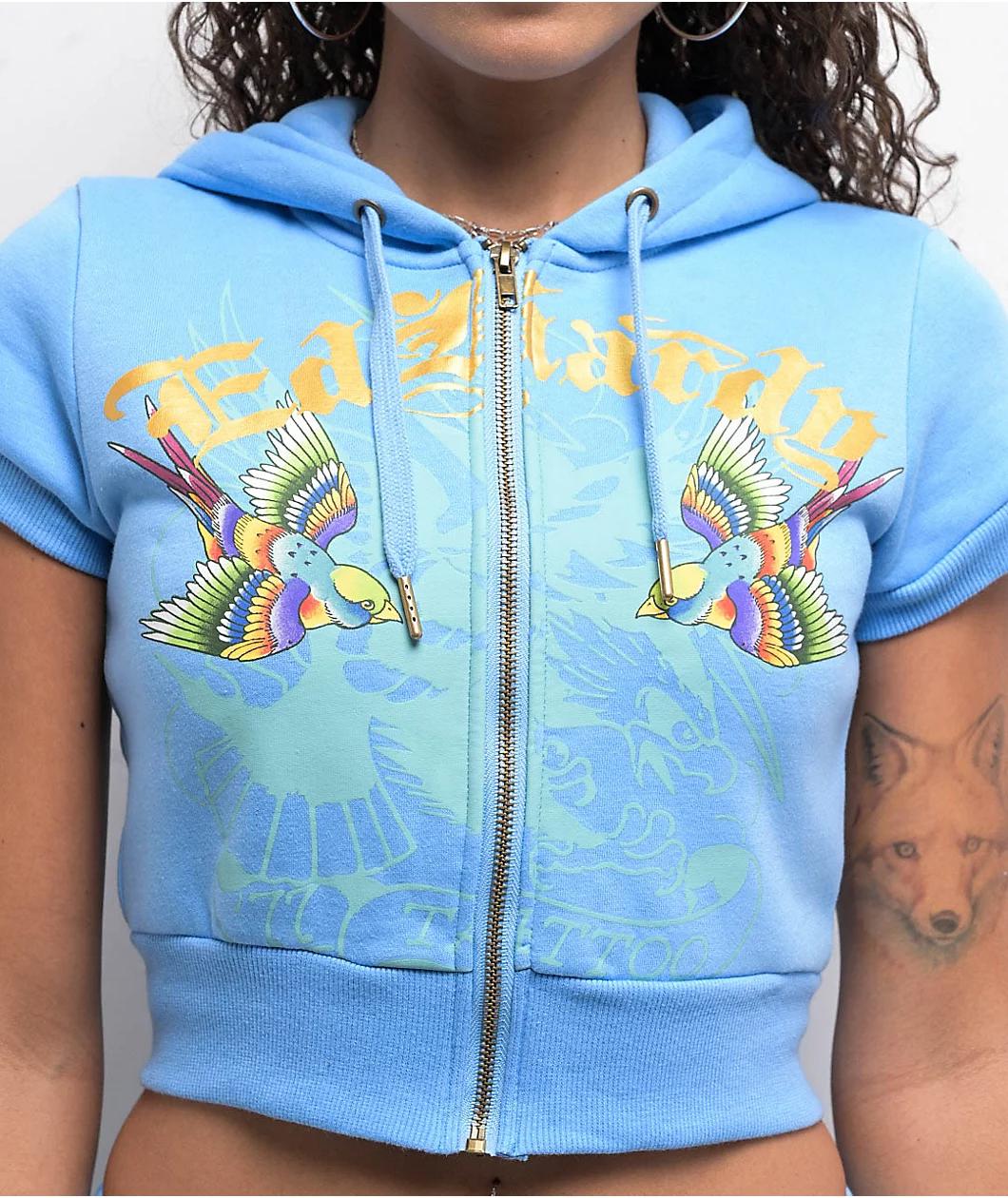 Ed Hardy Swallows Sky Blue Short Sleeve Crop Zip Hoodie Product Image