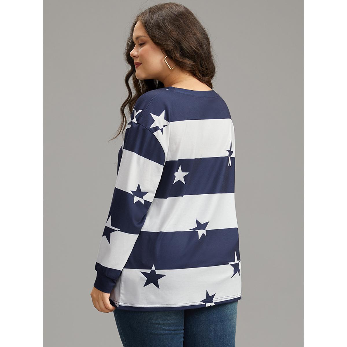 Plus Size Striped & Star Contrast Crew Neck T-shirt Blue Women Casual Contrast Moon and Star Round Neck Dailywear T-shirts BloomChic 10/M Product Image