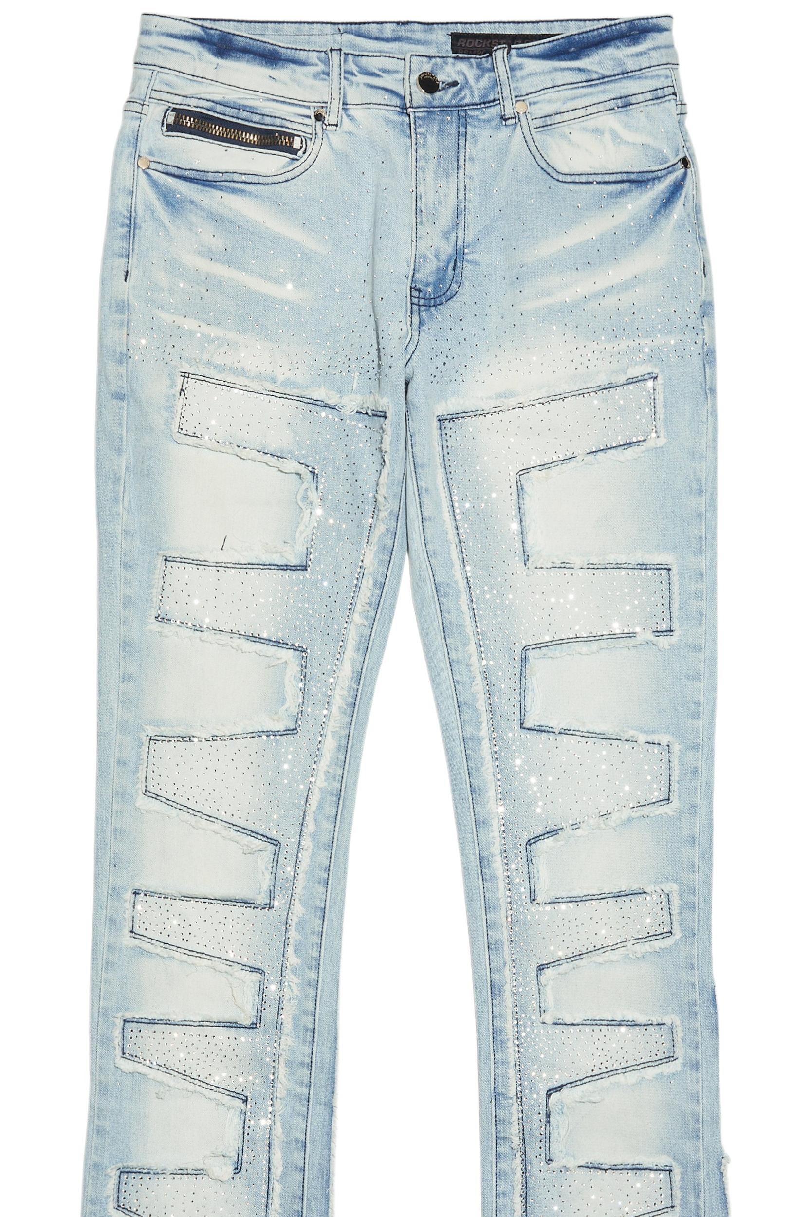 Shake Light Blue Rhinestone Stacked Flare Jean Male Product Image