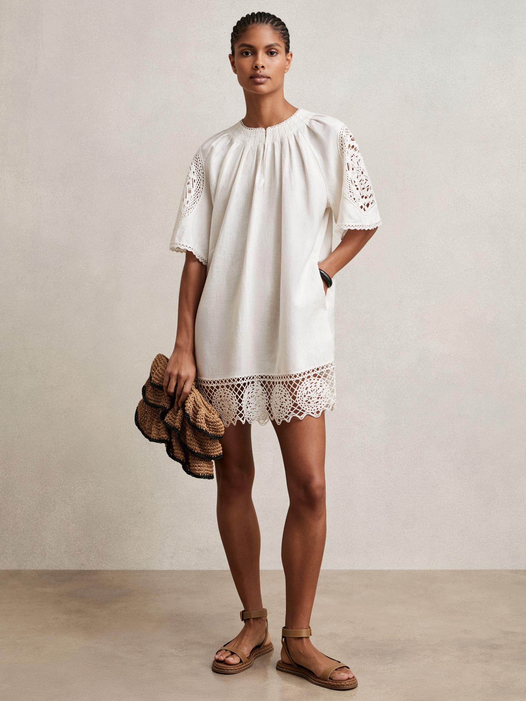 Linen Embroidered Shift Dress in Ivory Product Image