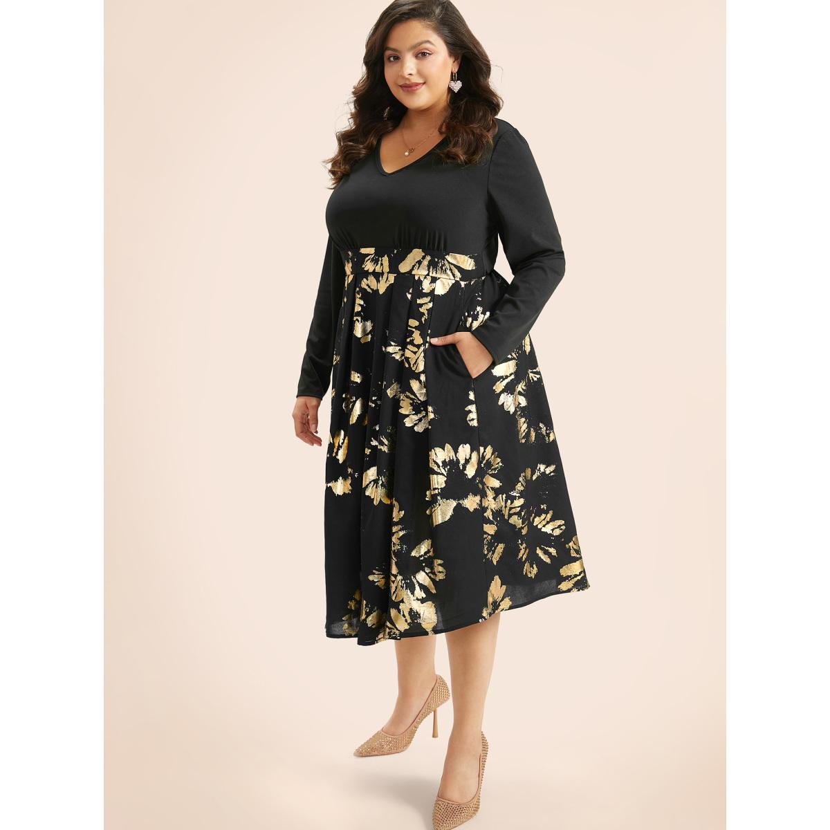 Plus Size Brush Glitter Pocket Patchwork Dress Black Women Party Printed V-neck Long Sleeve Curvy Midi Dress BloomChic 18-20/2X Product Image